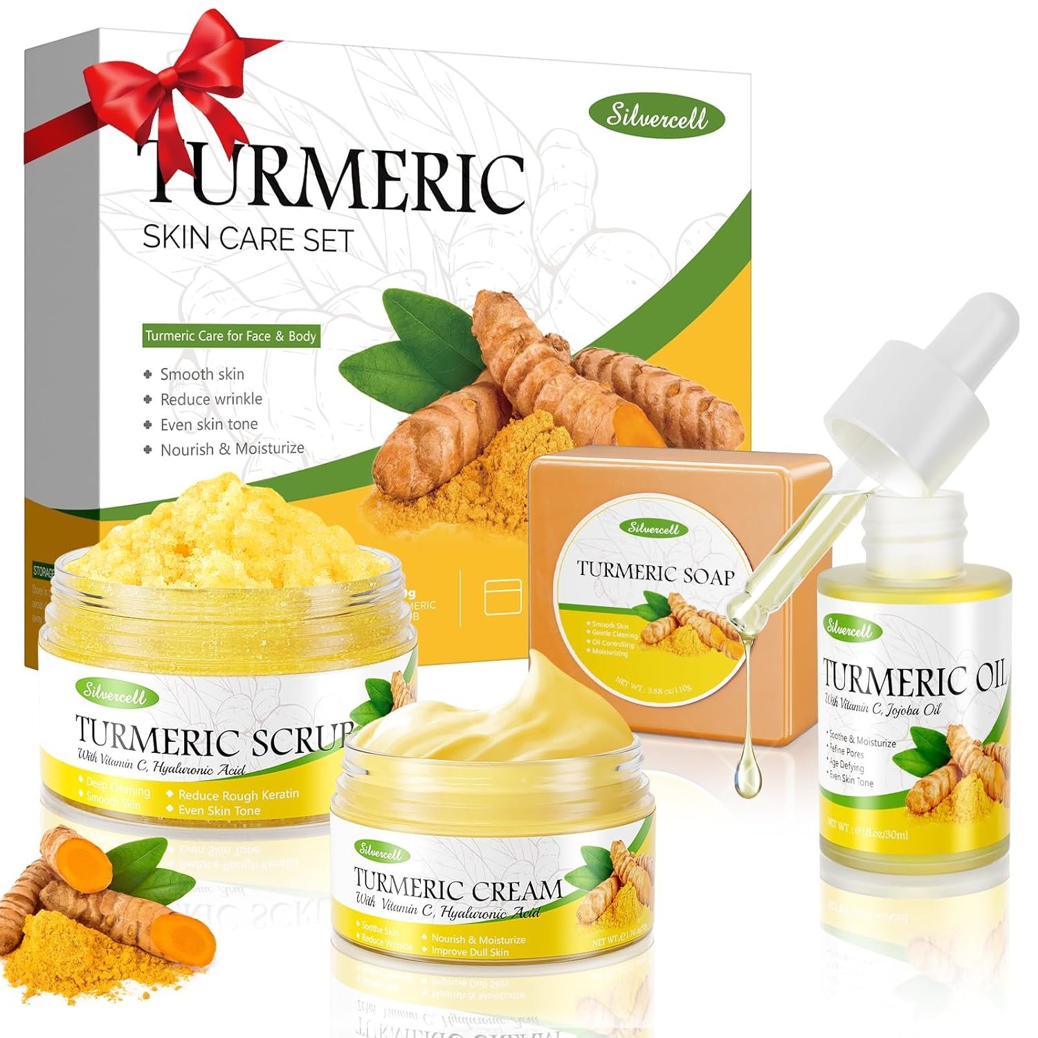 Silvercell Turmeric Skin Care Set Skincare Gift Sets for Women & Teen Girls, Facial Kit with Turmeric Soap, Oil, Cream & Scrub to Even Glow Tone & Hydration, Face Care Set Mothers Day Gifts
