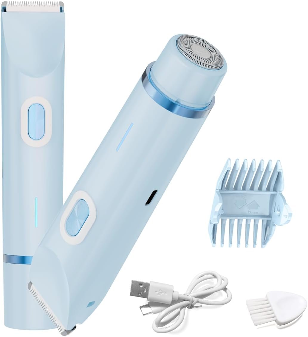 Bikini Trimmer for Women,2-in-1 Electric Razors for Womens with Painless Ceramic Blades,Waterproof Wet & Dry Use,Rechargeable Dual Head Electric Shaver for Pubic Legs Underarm Face Hairs& Body