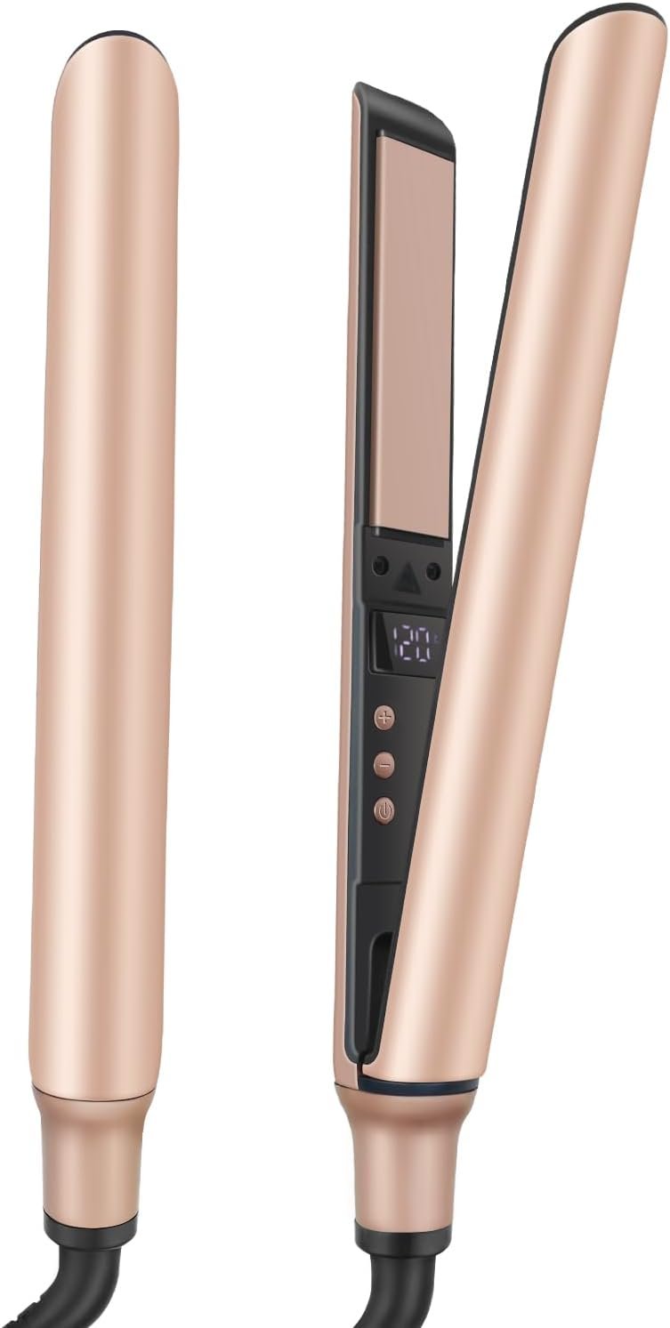 Flat Iron, 1 Inch Hair Straightener and Curler 2 in 1, Dual Purpose Curling Iron, Tourmaline Ceramic with Dual Voltage for Short Long Hair(Rose Gold)