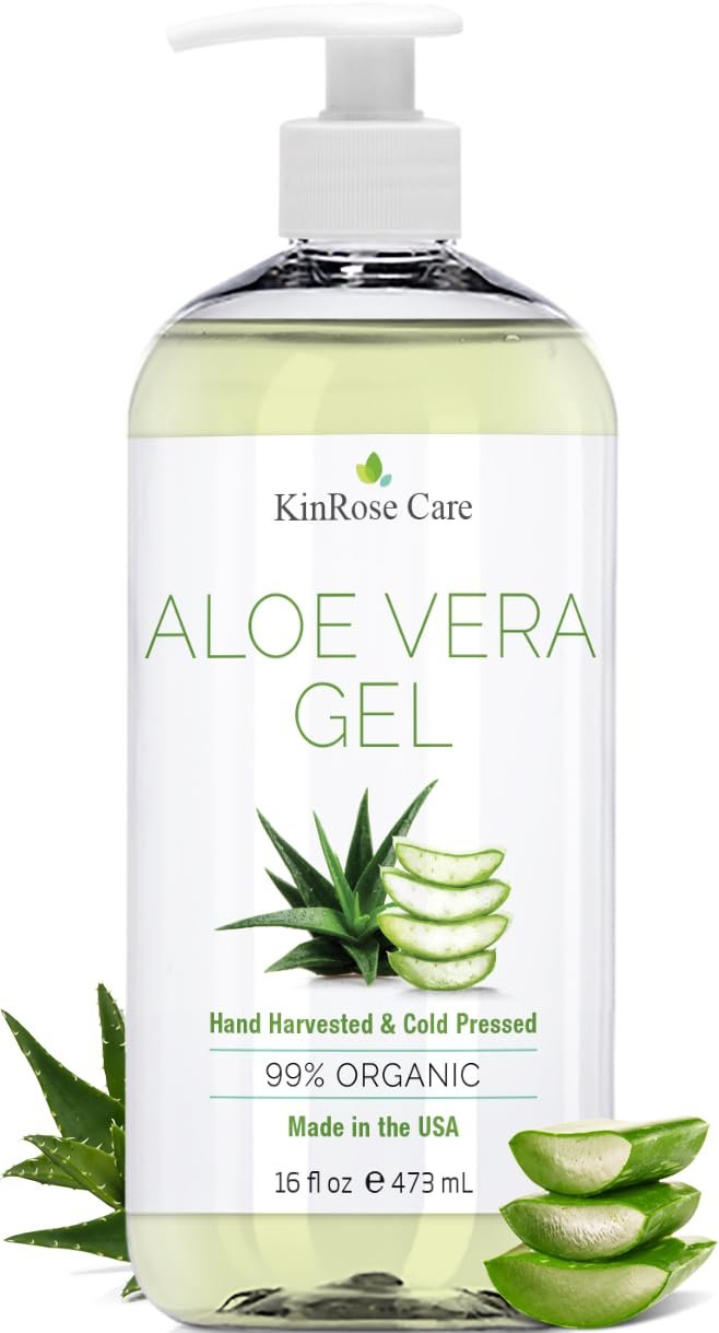 KinRose Care, 16oz Organic Aloe Vera Gel for Face, Skin, Hair & Sunburn Relief – From 100 Percent Pure Aloe Vera – Cold Pressed, Vegan, Unscented – Made in USA.