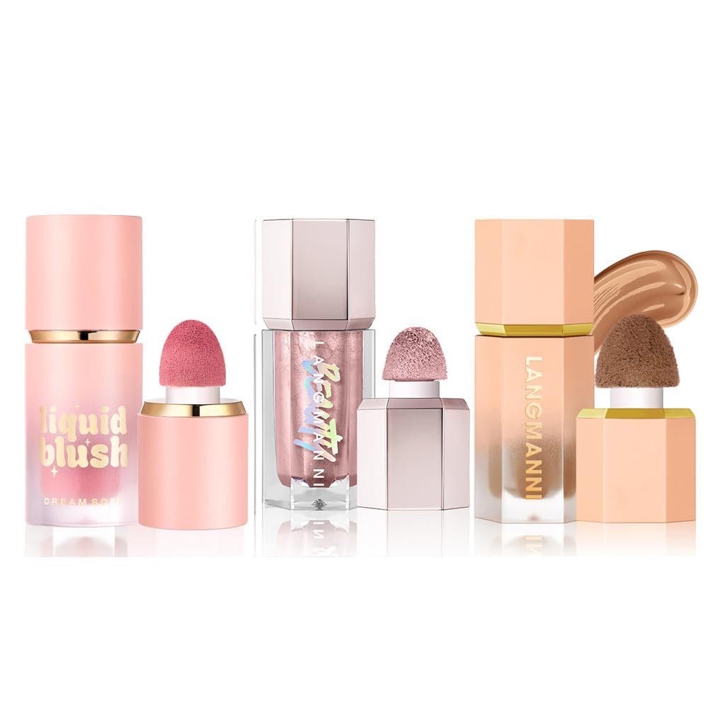 URQT Highly Pigmented Liquid Contour – Built-in Sponge Tip Sculpted Complexion Wand With Long Lasting Natural Buildable Highlighters and Bronzer (Contour+Blush+Highlighter)