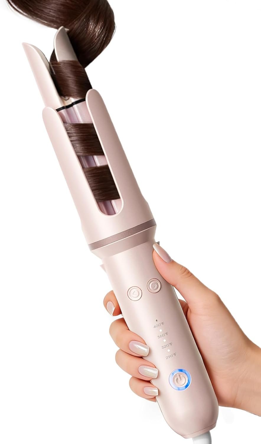 Automatic Curling Iron, 4 Heat Settings, 1.25” Rotating Curling Wand for Long Loose Curls & Beach Waves, Ionic Ceramic Hair Curler, Anti-Scald & Tangle-Free, Dual Voltage, Pink