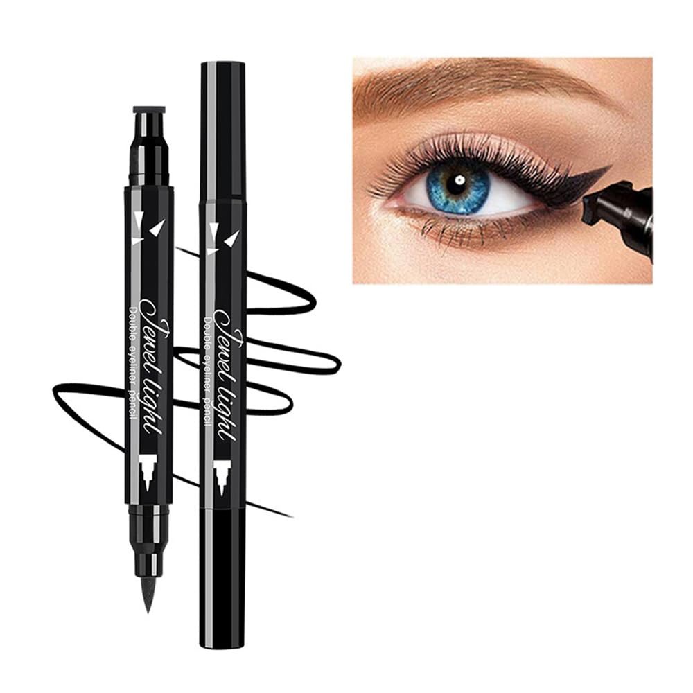 Dual Ended Black Liquid Eyeliner – 2 in 1 Winged Cat Eye Stamp & Felt-tip Eyeliner Pen, Waterproof, Long Lasting and Smudge Proof Eye Makeup Tool for Women