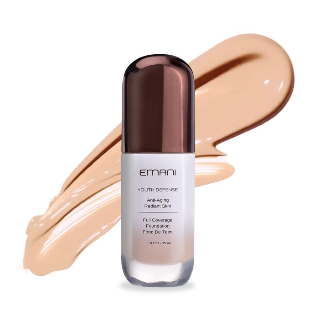 Emani Youth Defense Liquid Foundation for Women – Full Coverage Anti-Aging with Hyaluronic Acid, Peptides & Plant Botanicals – Soft Matte Finish, Vegan & Cruelty-Free – 1 oz, Medium Light