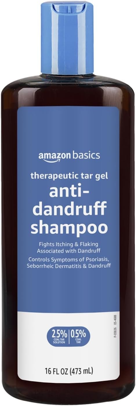 Amazon Basics Therapeutic Plus Coal Tar Anti-Dandruff Shampoo, Treats Psoriasis, Seborrheic Dermatitis, Itching and Flaking Scalp, 0.5% Coal Tar, 16 Fl Oz, Pack of 1