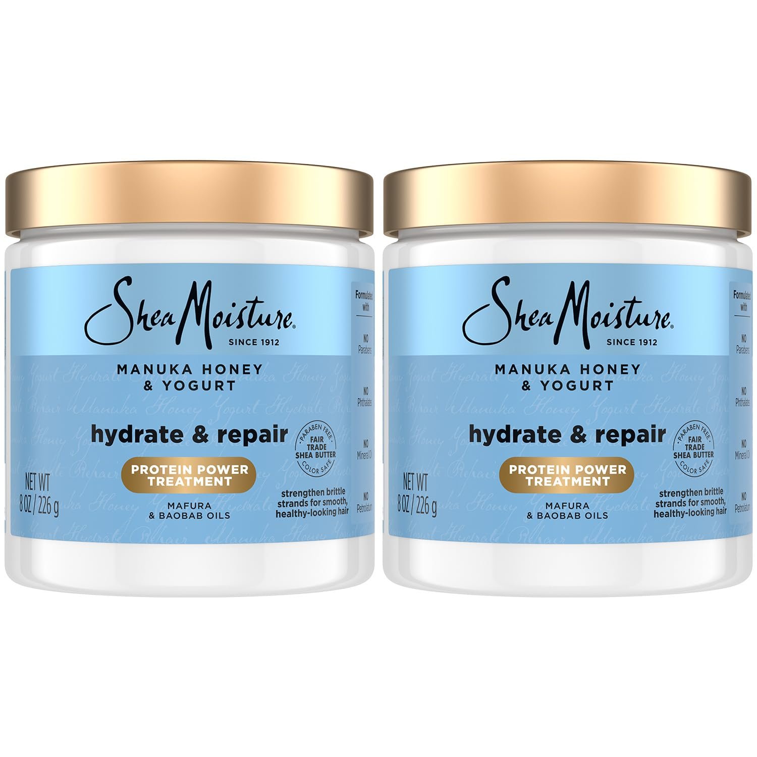 Shea Moisture Hair Mask 2-Pack, Manuka Honey & Yogurt Hydrate & Repair Protein Power Treatment, Deep Conditioner for Dry, Damaged Hair, 8 Oz Ea