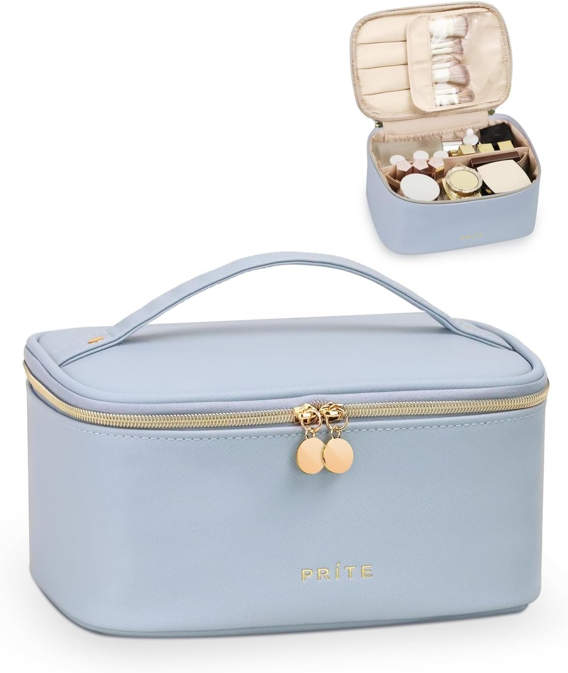 Prite Makeup Bag, Large Capacity Cosmetic Bag for Women and Girls, Waterproof PU Leather Travel Makeup Case, Toiletry Organizer with Handle and Divider for Skincare and Brushes – Blue