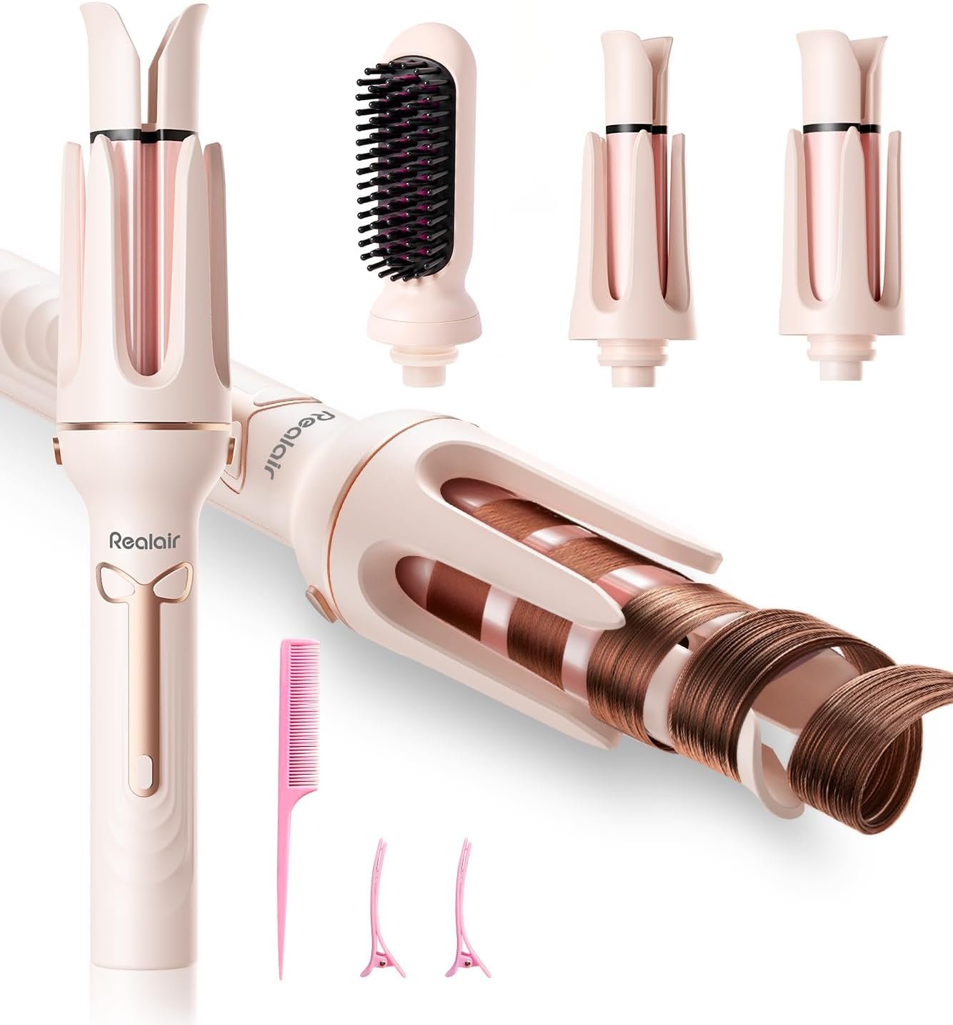 Auto Hair Curler, 3-in-1 Automatic Curling Iron & Brush Set, 1″ & 1.25″ Interchangeable Rotating Barrels, Anti-Scald & Anti-Tangle Wand for Hair Styling, Auto Shut-Off, Dual Voltage, Pink