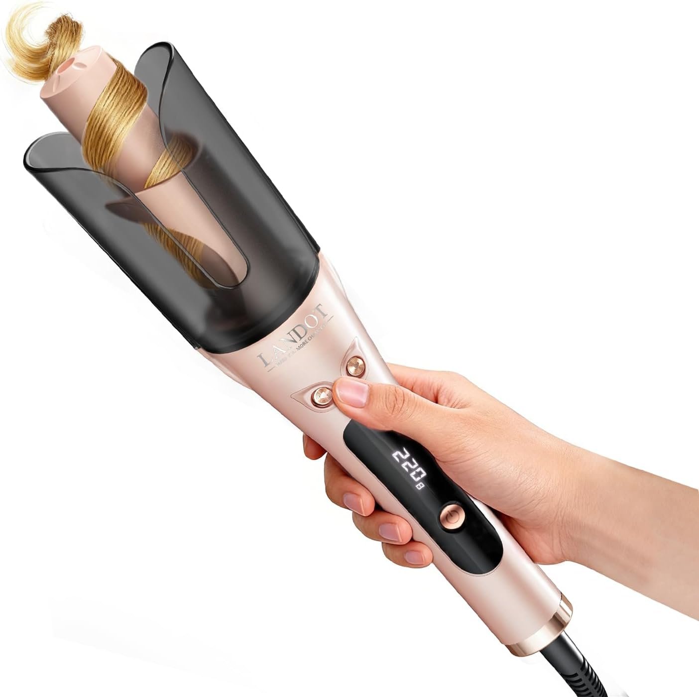 LANDOT Automatic Curling Iron 1 Inch – Anti-Tangle Self Rotating Curling Wand, Ceramic Tourmaline Hair Curler, Adjustable Temp, Dual Voltage Travel Styler, Rose Gold