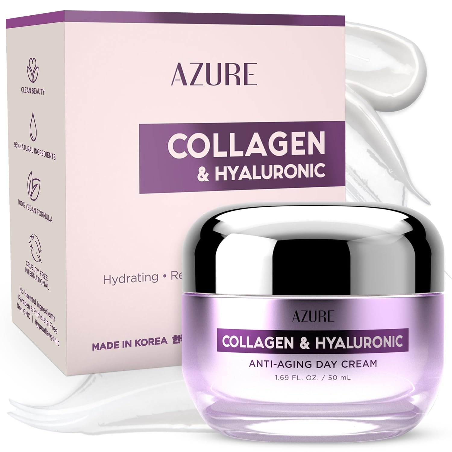 Azure Cosmetics Collagen & Hyaluronic Acid Face Moisturizer – Dermatologist Tested, Anti-Aging Cream for Fine Lines & Wrinkles – Ultra Hydrating Face Cream – Korean Skin Care – All Skin Type – 1.69 oz