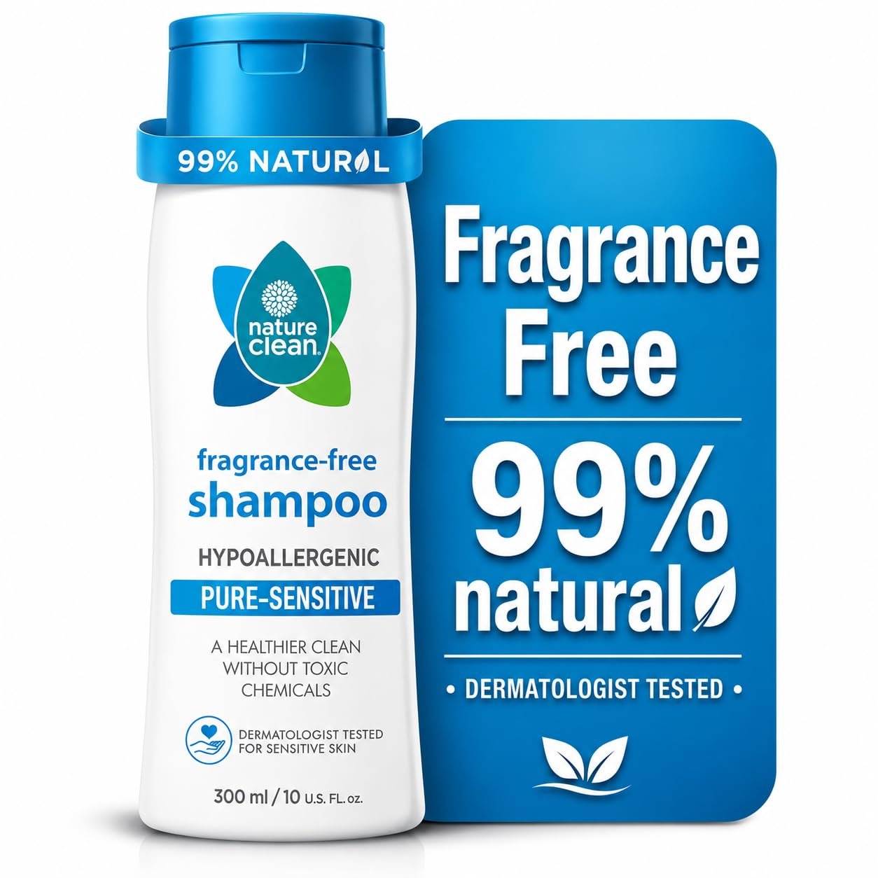 Nature Clean Organic Fragrance Free Shampoo for Men & Women, Unscented Shampoo, Hypoallergenic, Non Toxic Hair & Scalp Cleanser, Sulfate & Paraben Free, Vegan, 10 oz / 300 ml