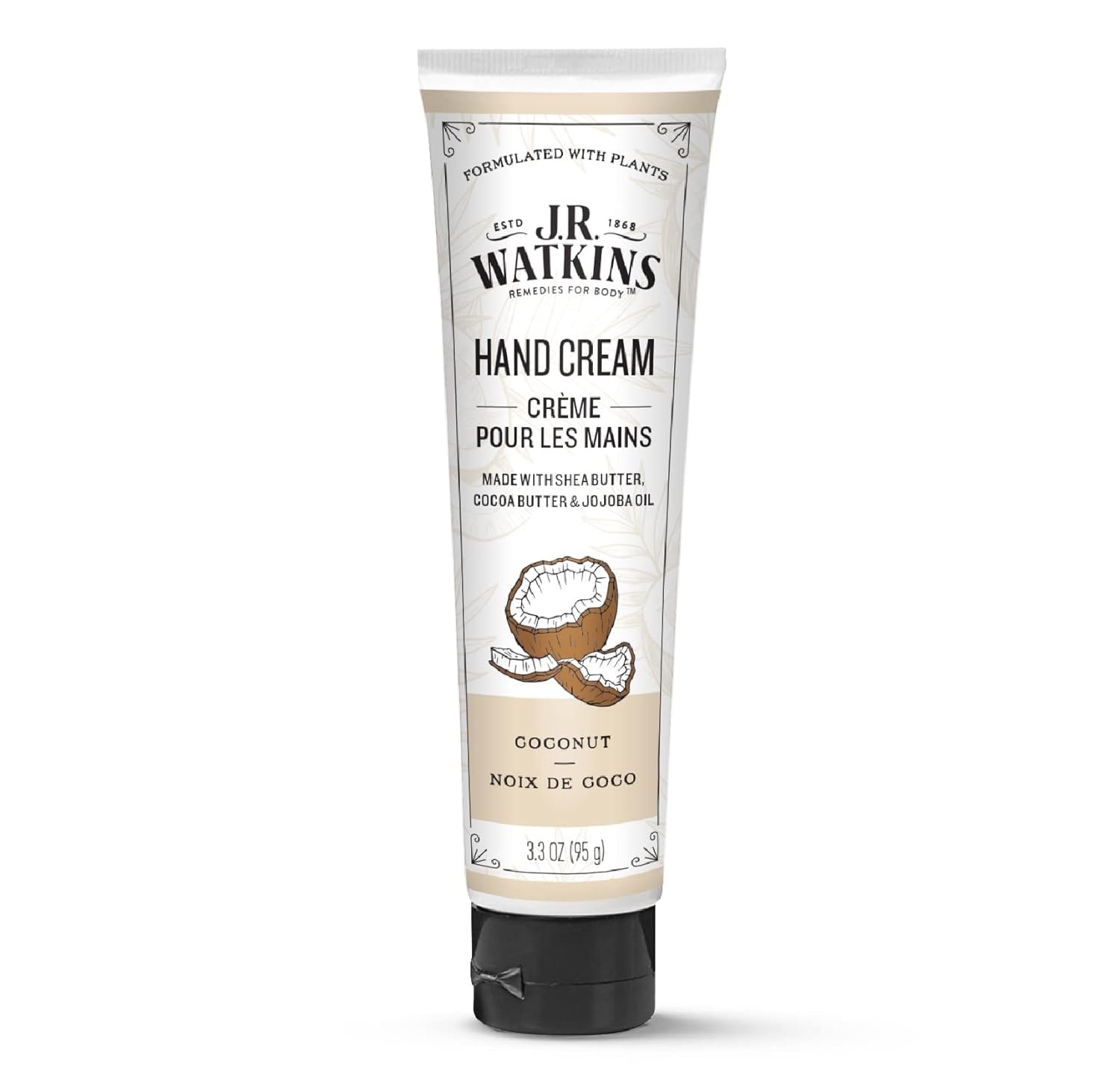 J.R. Watkins Natural Moisturizing Hand Cream, Hydrating Hand Moisturizer with Shea Butter, Cocoa Butter, and Avocado Oil, USA Made and Cruelty Free, 3.3oz, Coconut, Single