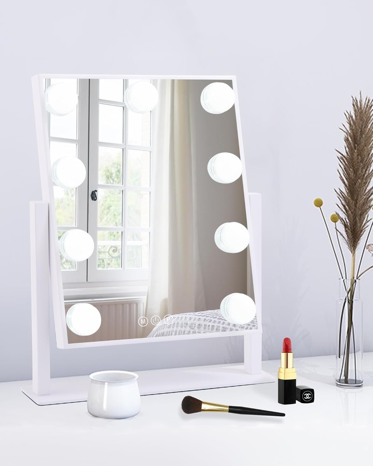 BWLLNI Lighted Makeup Mirror Hollywood Mirror Vanity Mirror with Lights, Touch Control Design 3 Colors Dimable LED Bulbs, Detachable 10X Magnification, 360°Rotation, (White) 12″ L x 14″ W