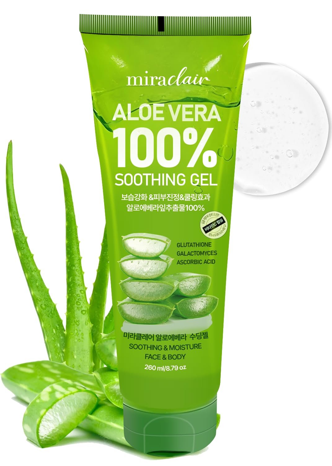 MIRACLAlR Aloe Vera Gel | 100% Pure Aloe Gel for Face, Body & Sunburn Relief, Aloe Vera for Burns – Durable Moisturizing Hydrating Soothing, Squeeze-on Mask, Made in Korea, Travel Size, 8.79 oz