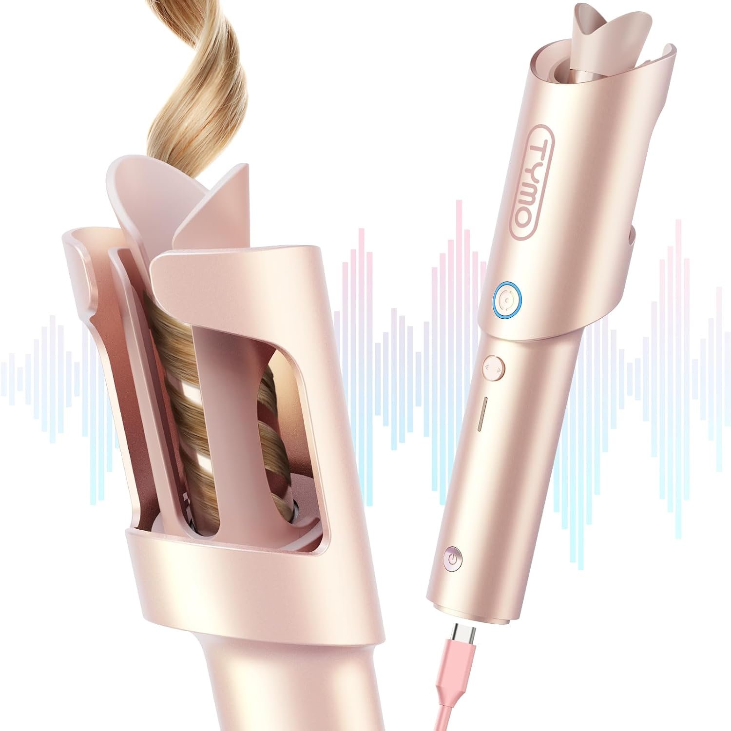 TYMO Cordless Automatic Curling Iron – TYMO CurlGo 1 Inch Beach Waves Rotating Curling Wand, Portable Hair Curlers for Travel, Dual Voltage & Rechargeable Curler for Women, Tangle-Free, Gold Blush
