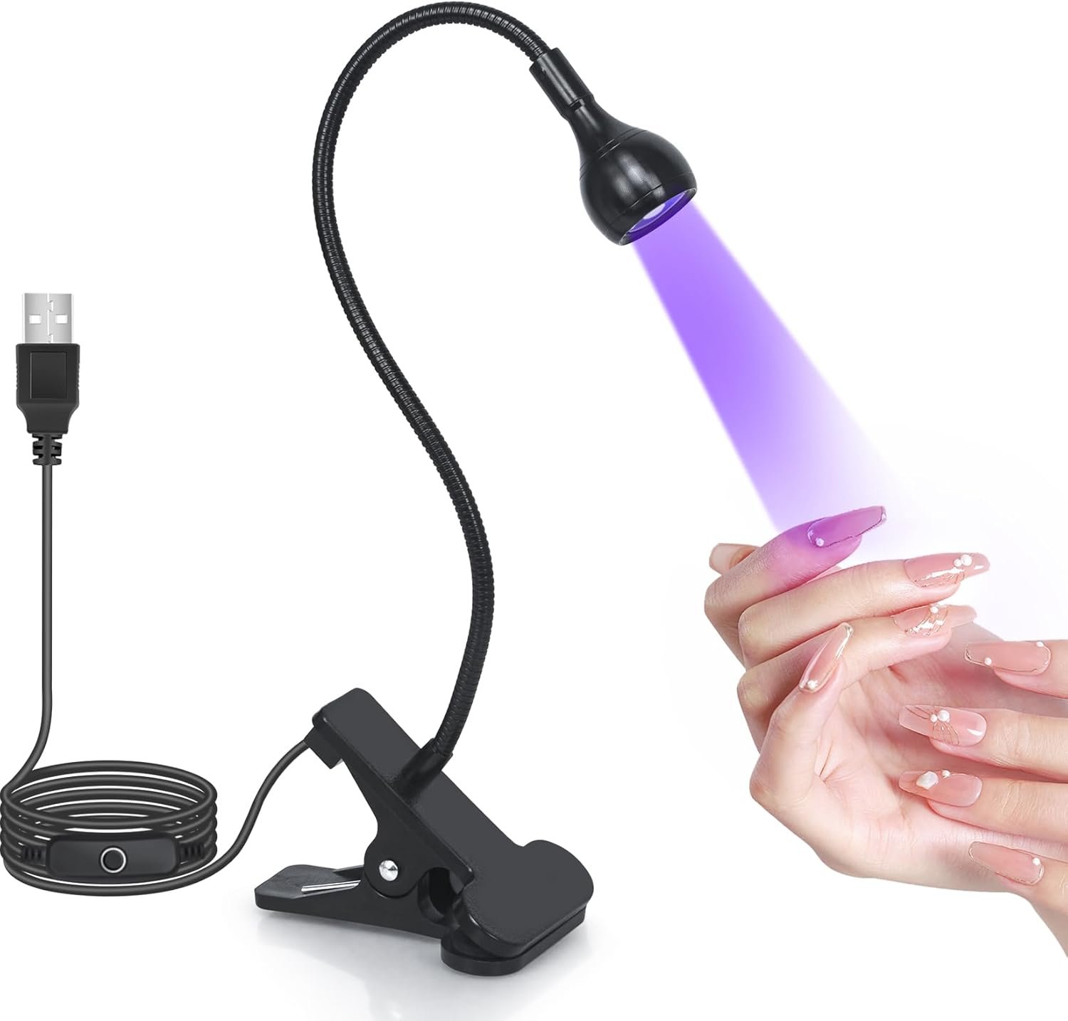 UV Nail Lamp – UV Light for Gel Nails, Flash Cure Lamp, LED Gooseneck Flash Cure Lamp for Nails, Manicure Dryer Black Light with Clamp, 365+395nm Wavelength 5V 3W 4 Levels Dimming Black