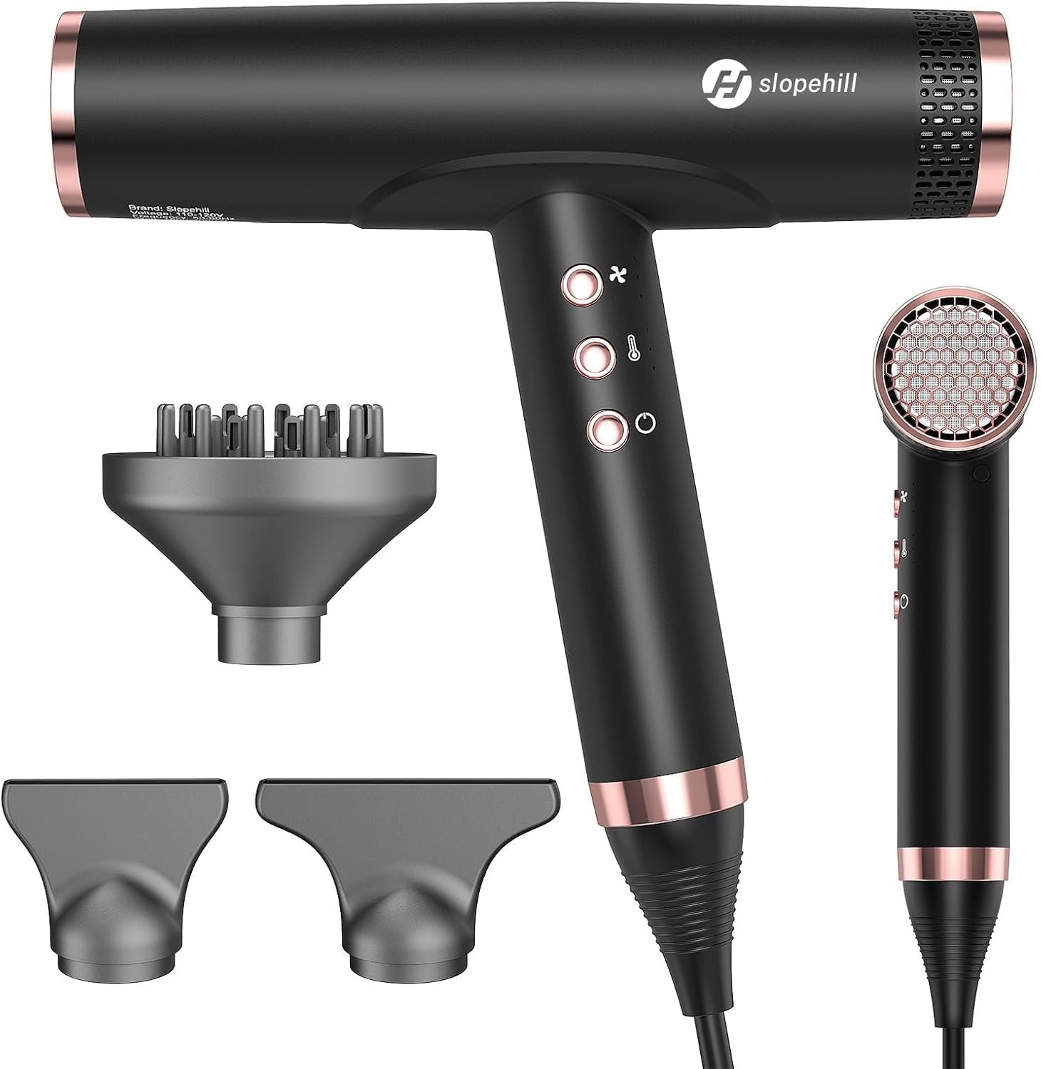 slopehill Professional Ionic Hair Dryer with Diffuser – Lightweight, Compact, Powerful & Fast Salon Blow Dryer with High Speed Brushless Motor for Travel, Women & Men Ceramic, Black
