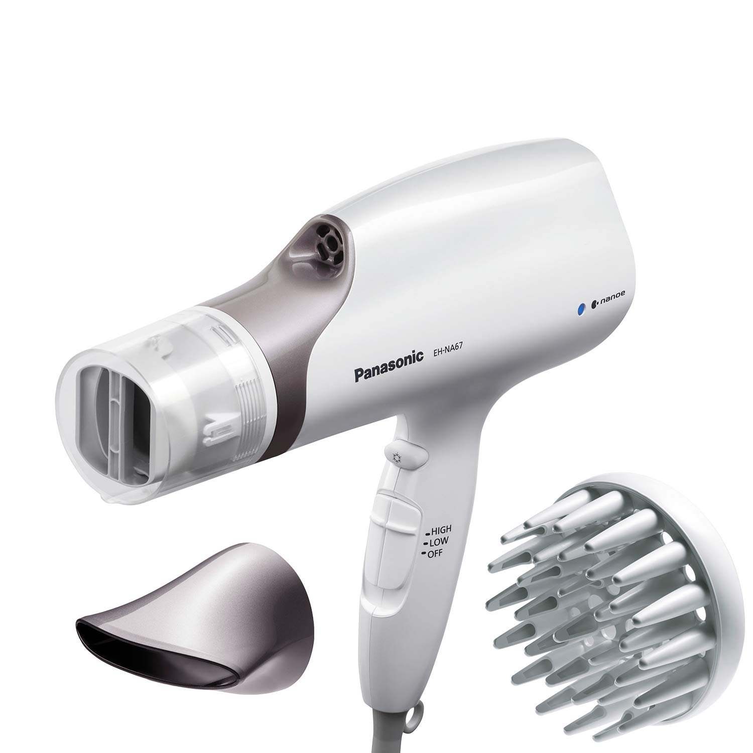 Panasonic Nanoe Salon Hair Dryer with Oscillating QuickDry Nozzle, Blow Dryer with Diffuser and Concentrator Attachments, 3 Speed Heat Settings for Easy Styling and Healthy Hair – EH-NA67-W (White)