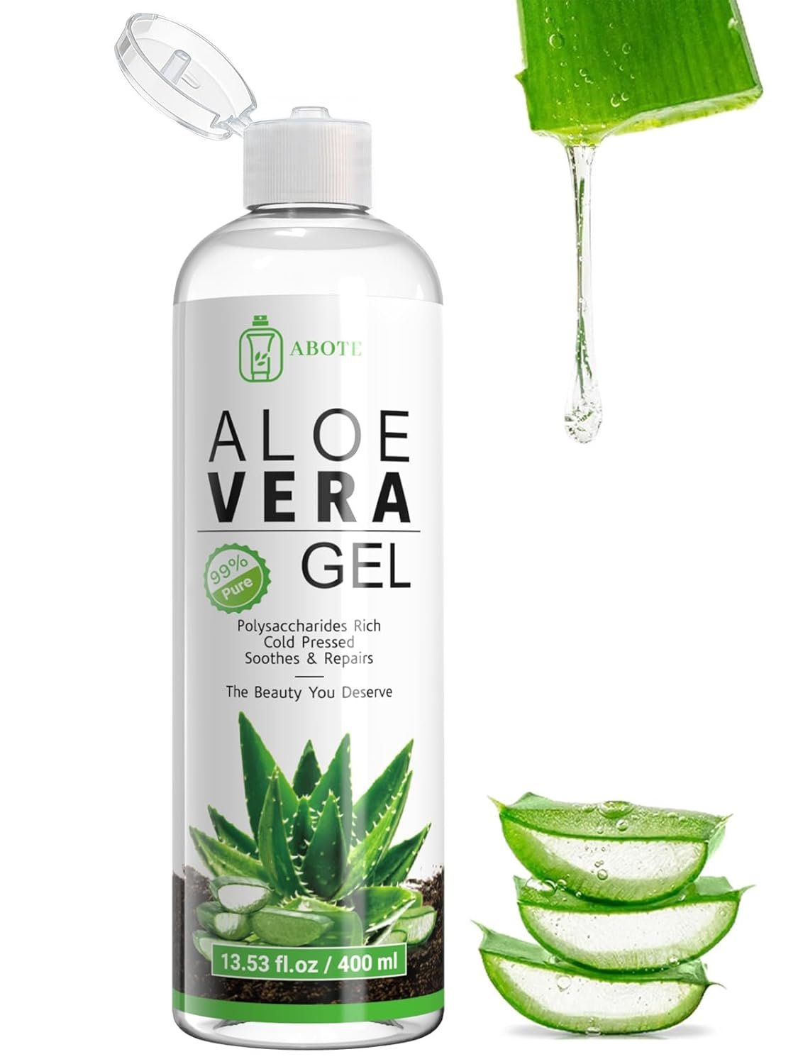 ABOTE Organic Aloe Vera Gel from 99% Pure Aloe for All – Ideal for After Suncare, Post – Shave & Itchy Skin – Works on Face, Body & Hair Care, Family Pack Size 13.53 fl oz, 400ml