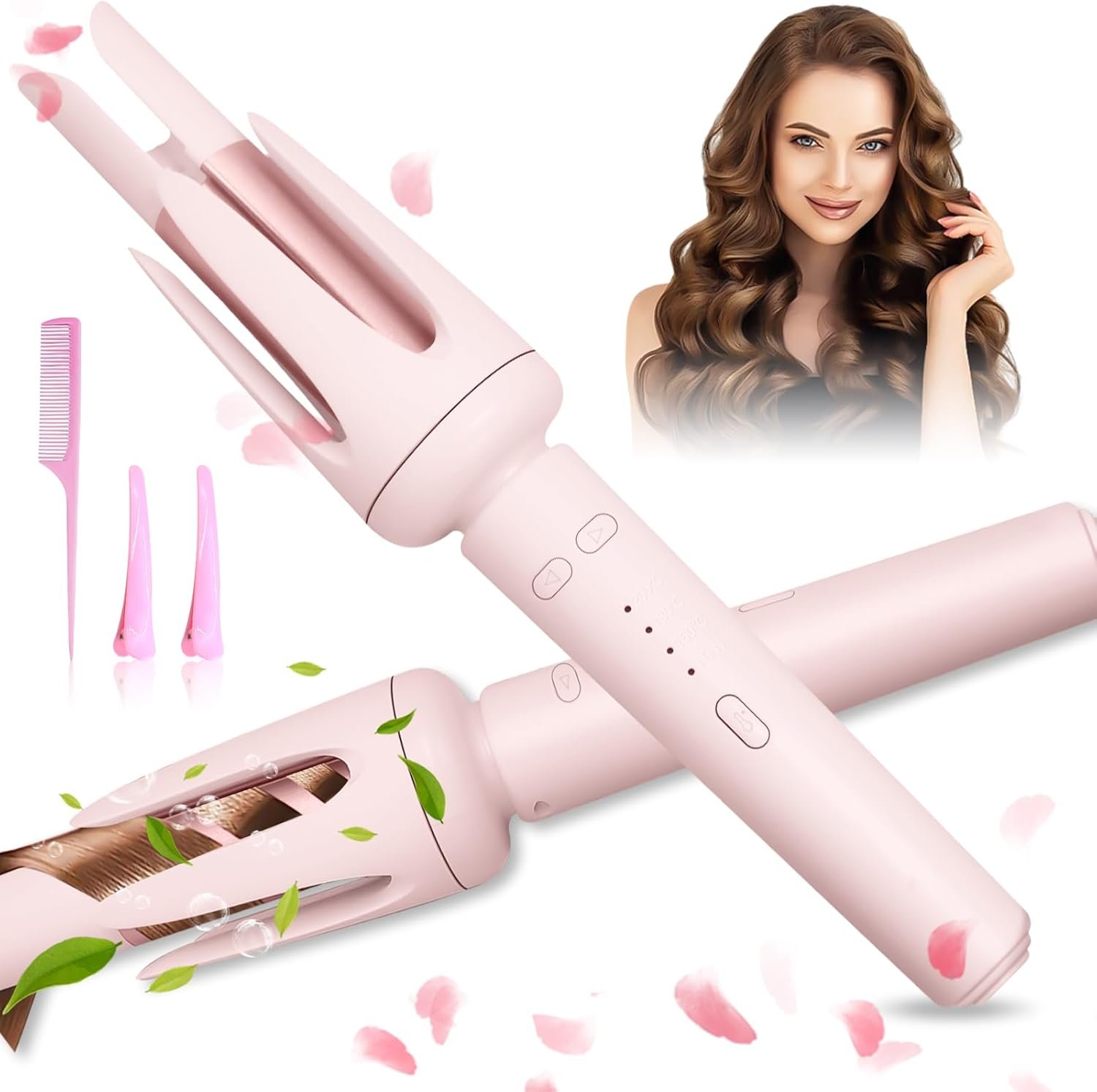 Auto Hair Curler for Beginners, 3 Temperature Settings 160-200°C Automatic Curling Iron, Anti-Scald Anti-Tangle Rotating Hair Waver for Fine Hair Long Lasting Beach Waves, Pink