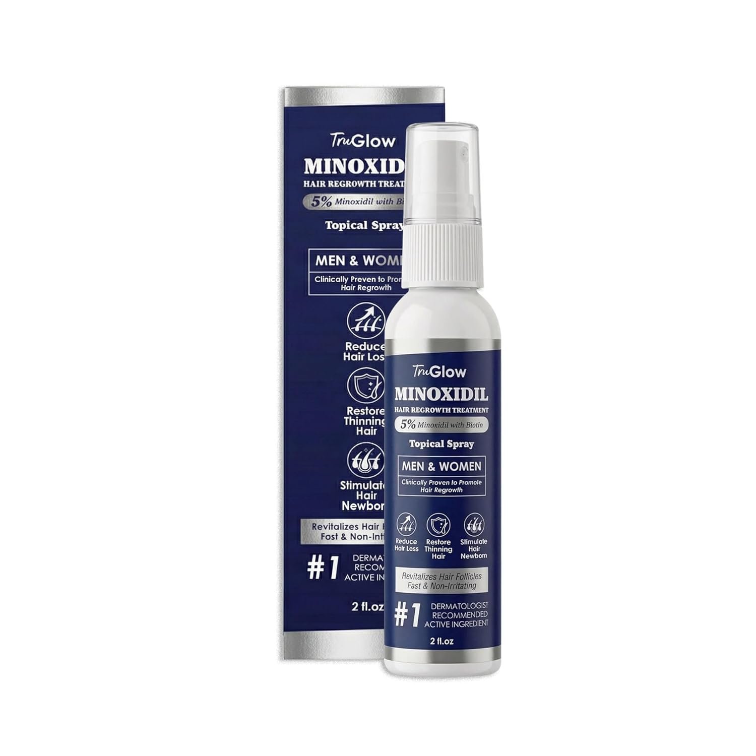 TruGlow 5% Minoxidil Hair Regrowth Treatment Spray for Men & Women with Thinning Hair, Topical Scalp Solution, Unscented – 2 oz (1 pc)