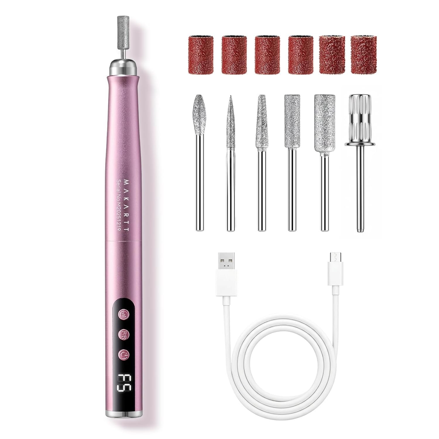 Makartt Pen-Shaped Rechargeable Nail Drill for Beginners: 25,000 RPM Cordless Electric Nail File with 5-Speed LED Display, Lightweight Quiet E File Kit for Gel Polish Removal, Home Travel Use (Pink)