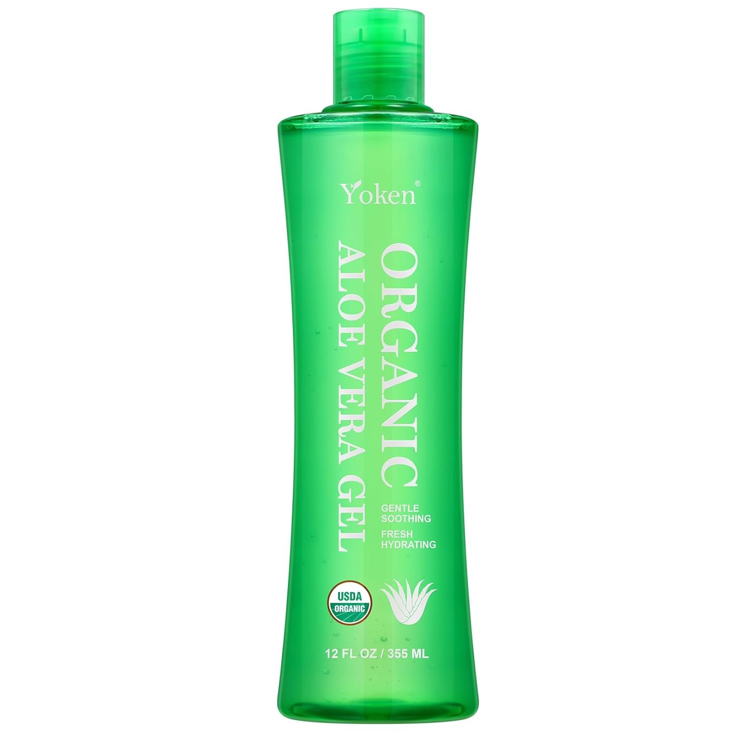 Yoken USDA Certified Organic Aloe Vera Gel 12oz, 99% Pure Aloe Vera Juice, Gel-to-Water Texture, Alcohol Free, No Added Fragrance, Face Body Hair Care, Cooling & Refreshing Summer Skincare