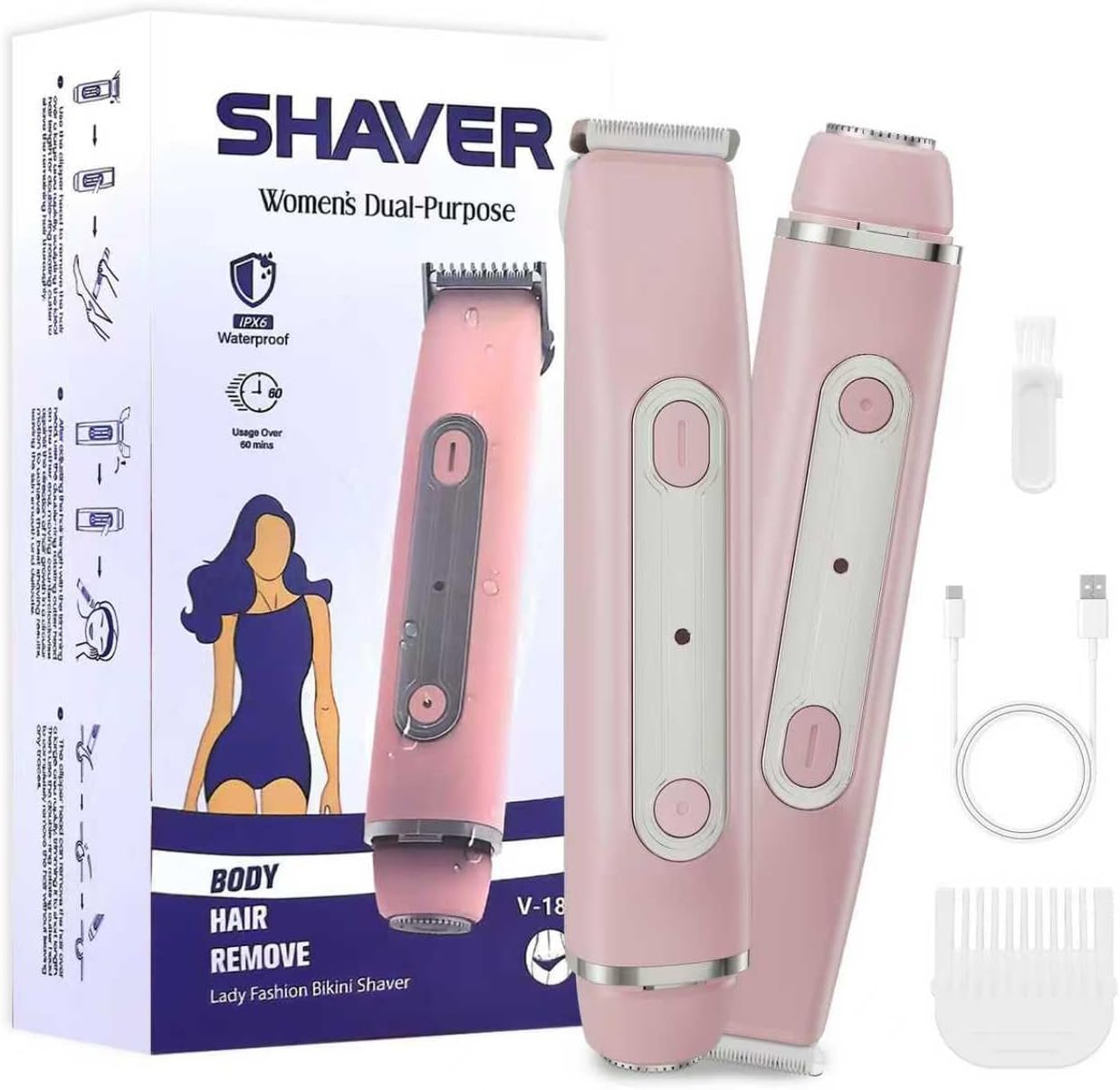 Bikini Trimmer for Women – 2 in 1 Women Electric Razors,Cordless Body Shaver for Trip,Replaceable Lady Facial Razor, IPX6 Waterproof&Easy Cleaning, Ceramic Blade, USB Charge 706 Pink