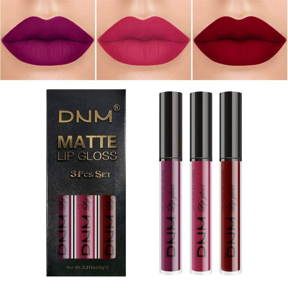 evpct 3Pcs Dark Purple Red Rose pink Matte Liquid Lipstick Sets for Black Women Matte Lipstick Lip Stain Long Lasting Waterproof 24, labial mate larga duracion 24 labiales mate 24 horas originales
