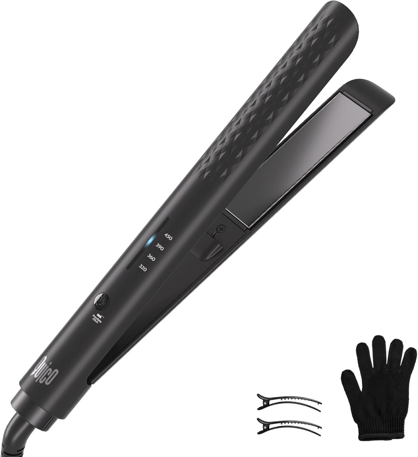 Quico Hair Straightener, 110-240V Global Travel Hair Straighteners for Women, 15s Fast Heating, Ceramic Negative Ion Flat Iron, Temp Memory, 320℉-450℉, Auto-Off, with Glove and Clips, Gift, Black