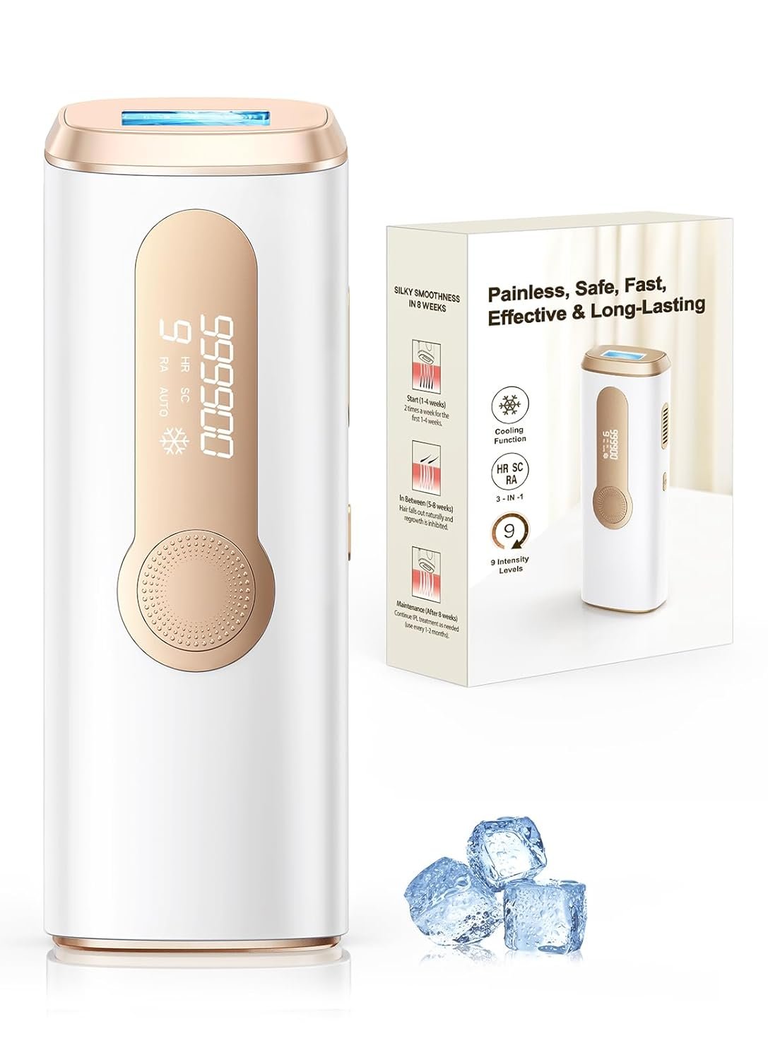 IPL Laser Hair Removal Device for Women & Men – Safe At-Home 45°F Ice-Cooling Contact for Painless & Long-Lasting Results, 86% Less Hair In 3 Weeks for Full Body & Face, Off-White