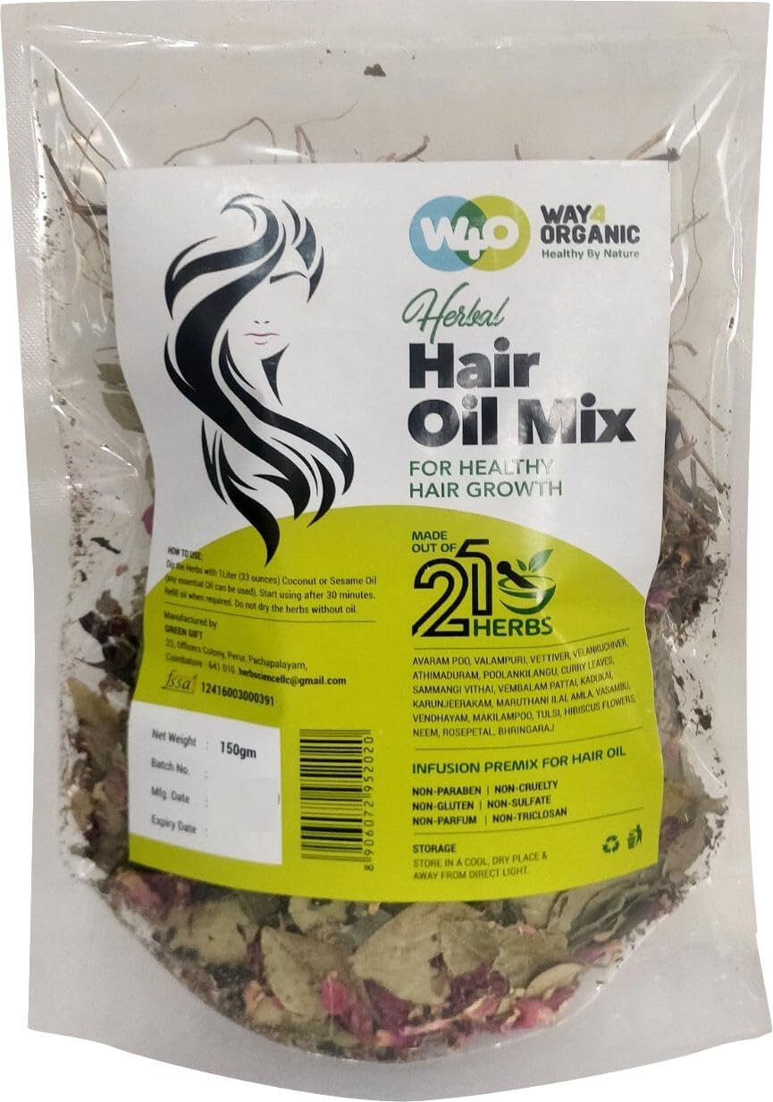 Herbal Hair Oil Mix of 21 Herbs for Thick Long Hair Growth 150 grams, Hairfall, Hair Repair, Scalp Care, Haircare Products Both for Men & Women – Way4Organic