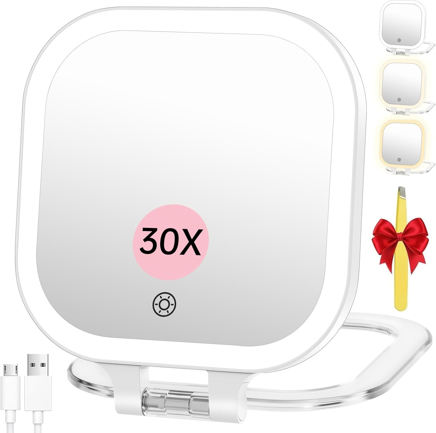 FASCINATE Rechargeable Travel Makeup Mirror 30X Magnification, 7″ Lighted Portable Vanity Mirror with 3 Colors Lighting & Stepless Dimming, Double Sided LED Mirror, Gift for Women (White)