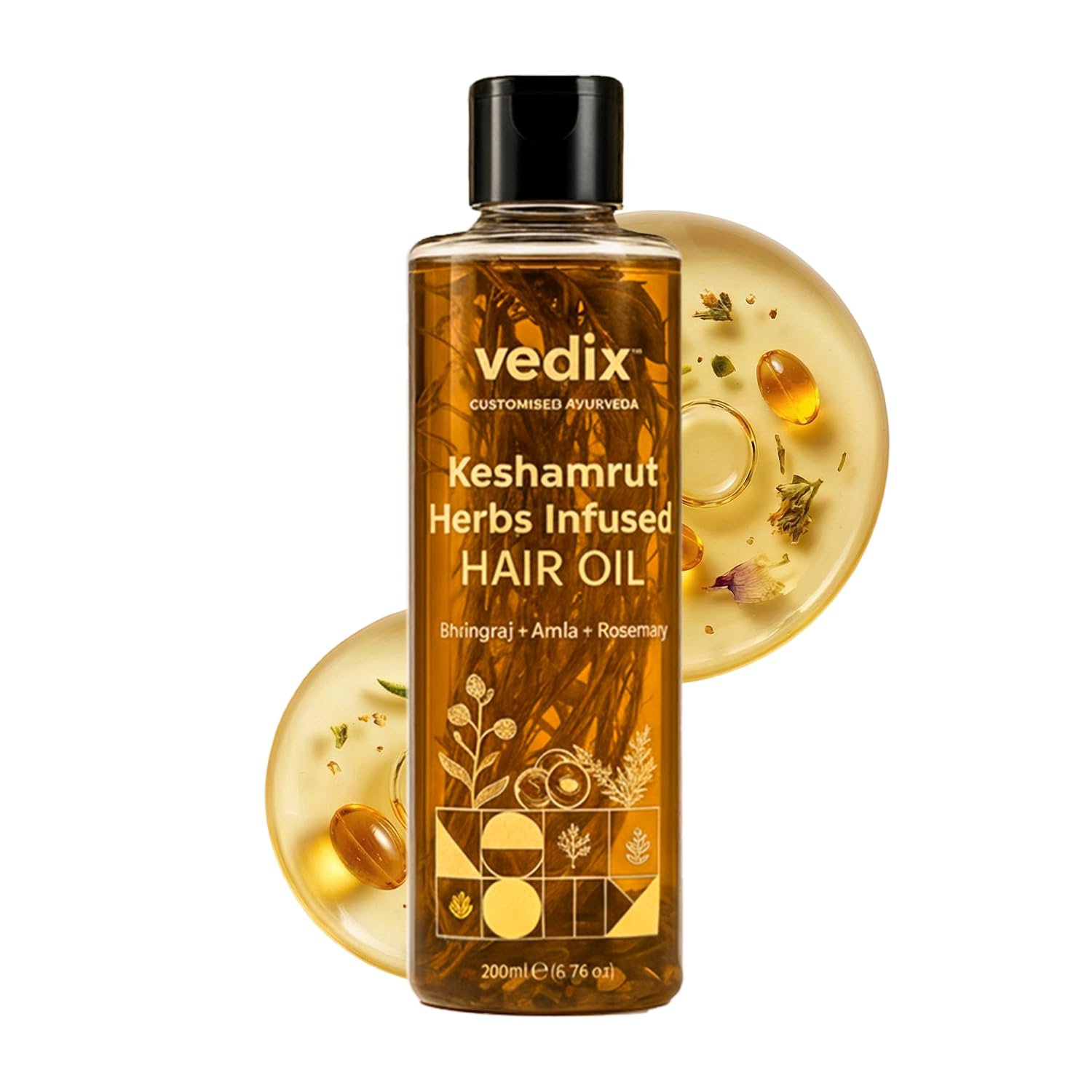 Vedix Keshamrut Herbs Infused Ayurvedic Hair Oil With Bhringraj, Amla & Rosemary I Control Hair Fall & Boost Hair Growth I 16+ Whole Herbs, Leaves & Flowers I No Mineral Oils & Chemicals (200ml)