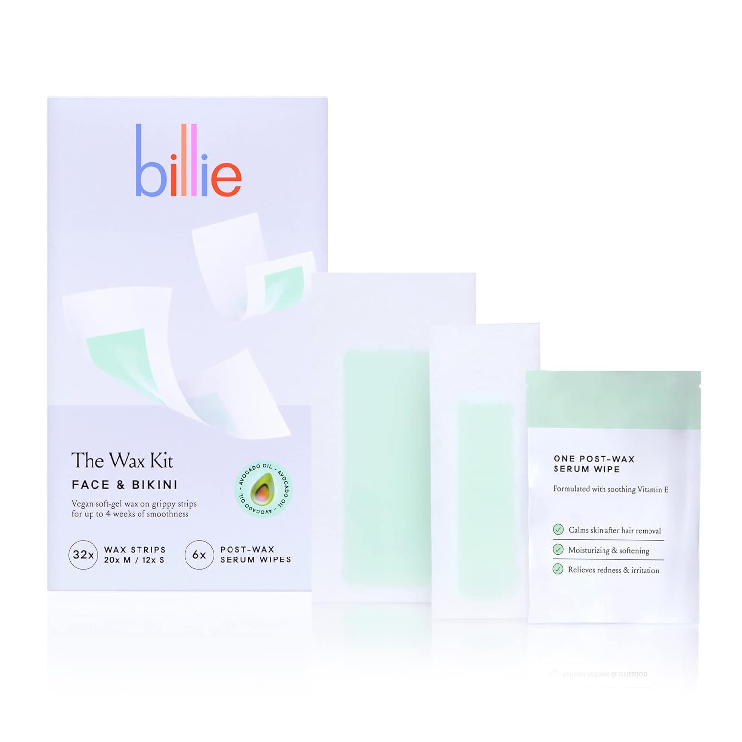 Billie Wax Kit – Face & Bikini – 32 wax strips – 6 post-wax serum wipes