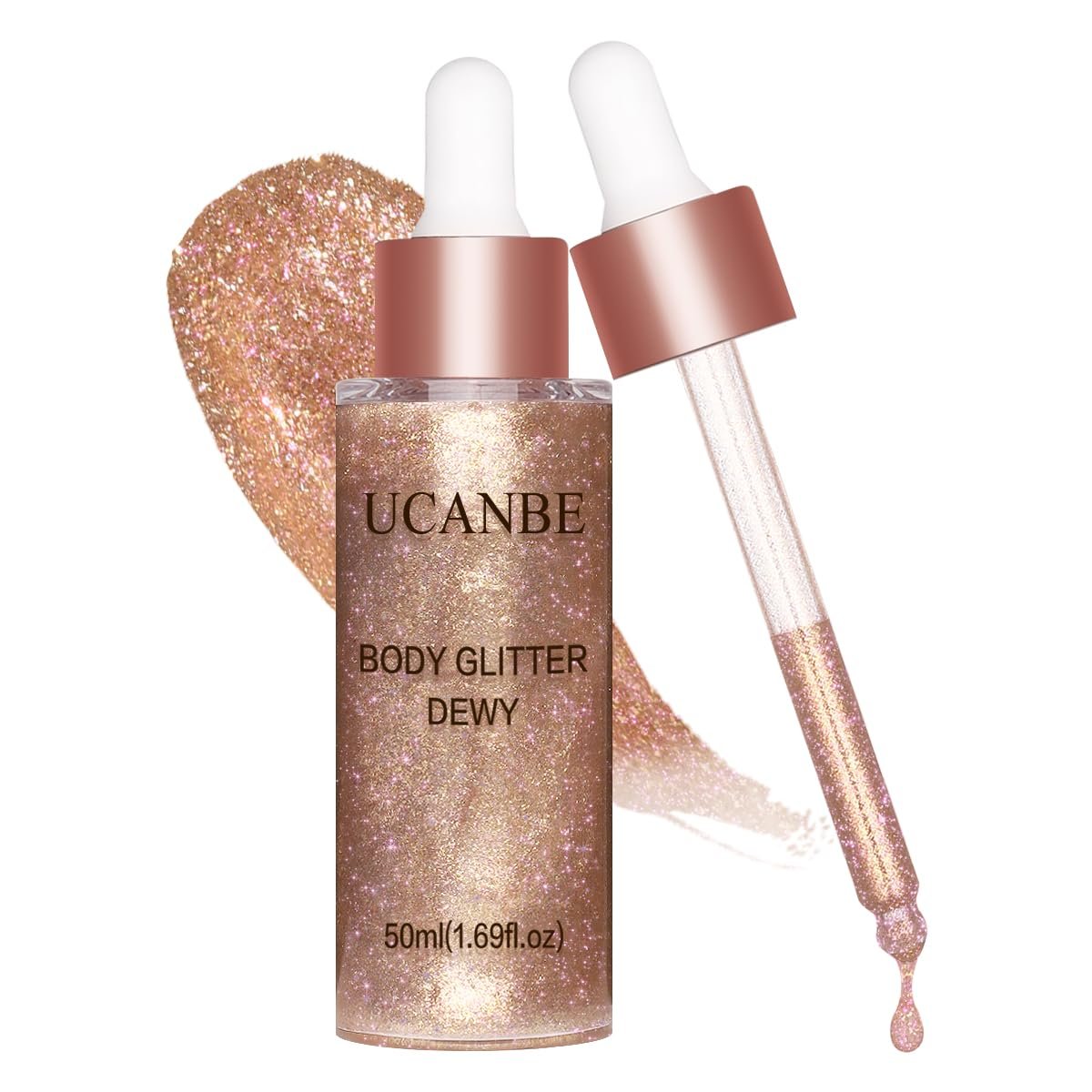 UCANBE Hydrating Body Glitter Dewy Highlighter Makeup Luminizer Drops Body Shimmer Liquid Face Glow Sparkles for Women Gifts (Rose Gold – 03)