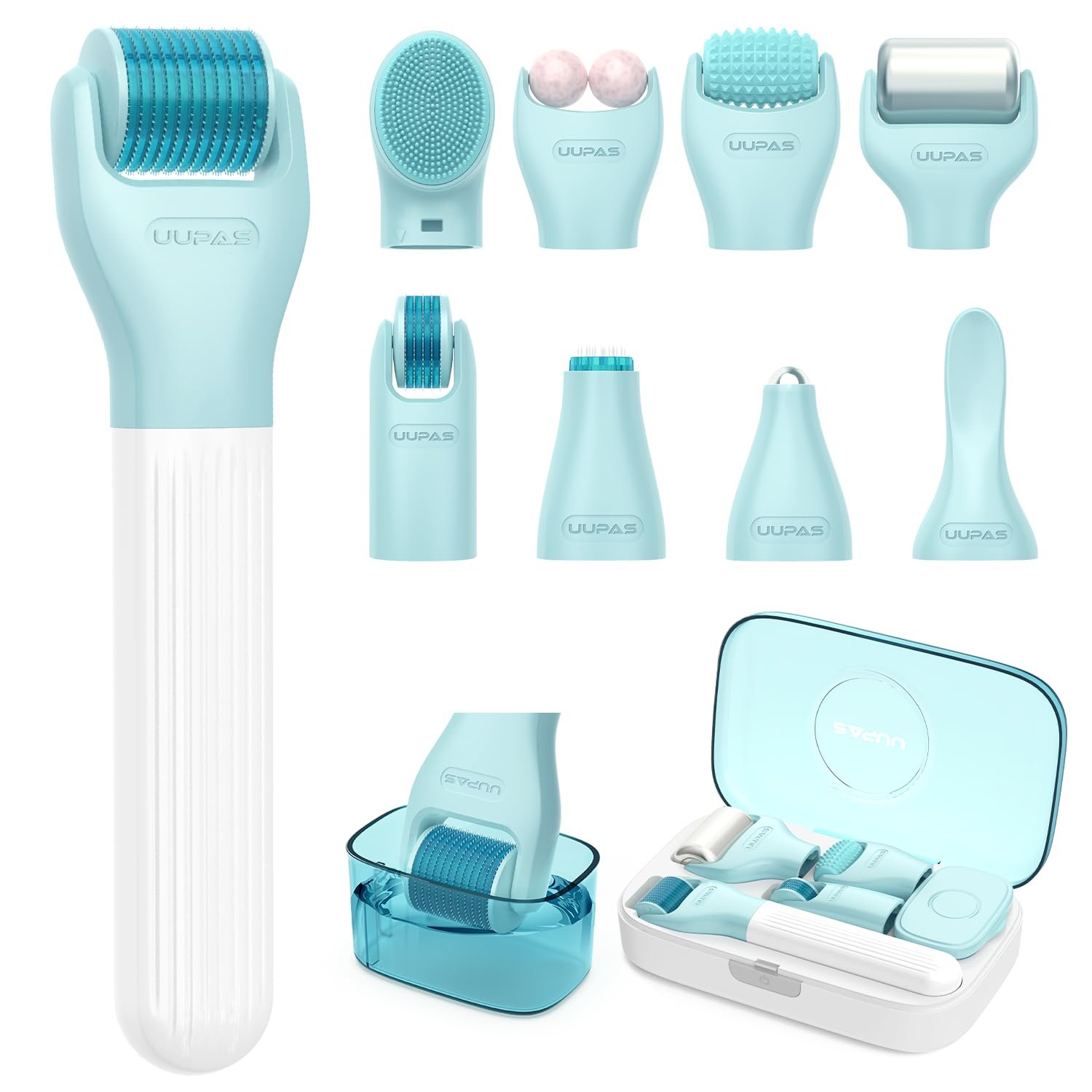 Derma Roller Set – UUPAS 10 in 1 Microneedling Roller Kit for Face, Body, Hair, Beard and Scalp – Ice Face Rollers for Women and Men with Storage Case
