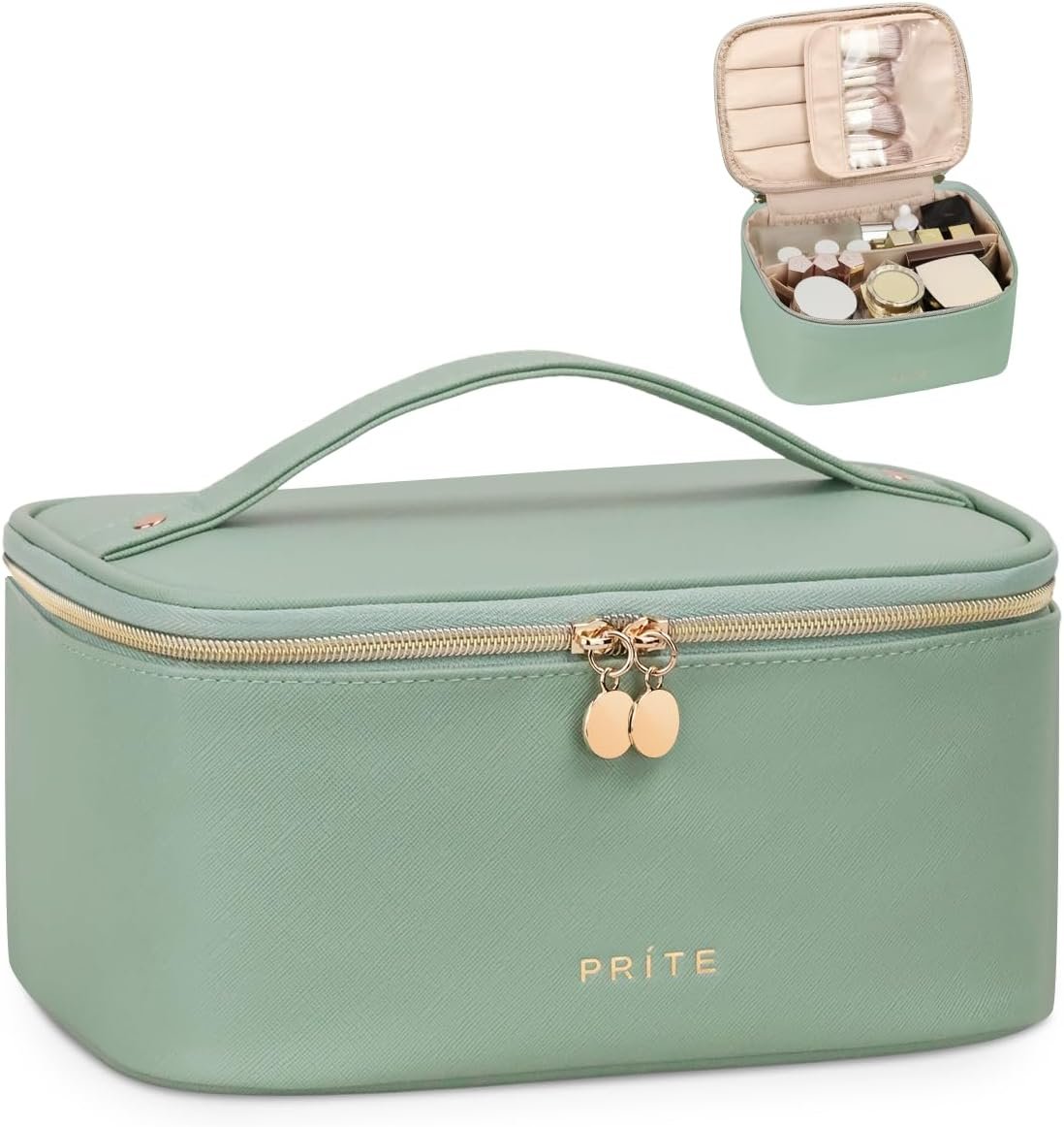 Prite Makeup Bag, Large Capacity Cosmetic Bag for Women and Girls, Waterproof PU Leather Travel Makeup Case, Toiletry Organizer with Handle and Divider for Skincare and Brushes – Green