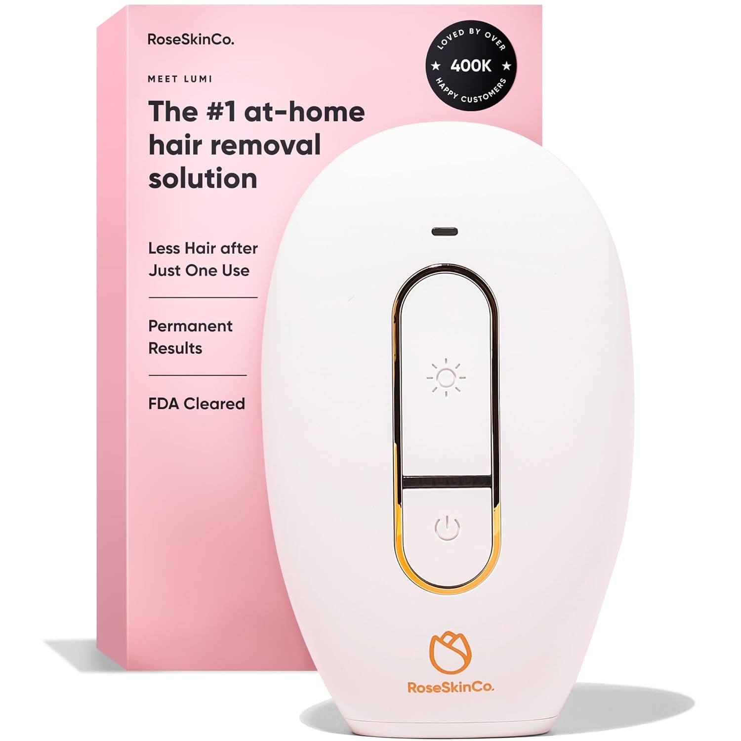 RoseSkinCo Lumi IPL Laser Hair Removal Device, At Home Permanent Hair Reduction on Face, Bikini, Legs, Arms, Underarms, Safe & Gentle Intense Pulsed Light Handheld Device, White/Gold