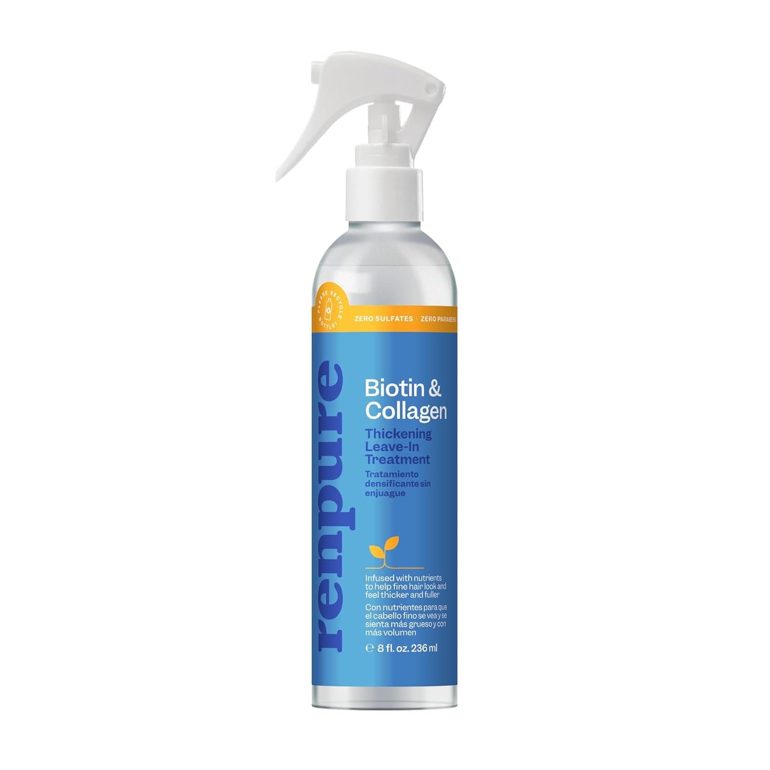 Renpure Biotin & Collagen Leave-In Conditioner Treatment, For a Fuller, Thicker Look That Shines, Biotin Hair Spray Leave In Conditioner For Fine, Thin or Limp Hair, Vitamin B7, Collagen – 8 Fl Oz