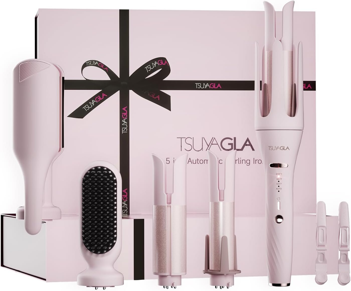 5 in 1 Auto Curling Iron Set with Interchangeable Barrels – 1″, 1.25″, 1.5″ Curling Wand, Hair Crimper & Straightening Brush, Rotating Ceramic Curler, 3 Temp, Dual Voltage, Anti-Scald, Pink