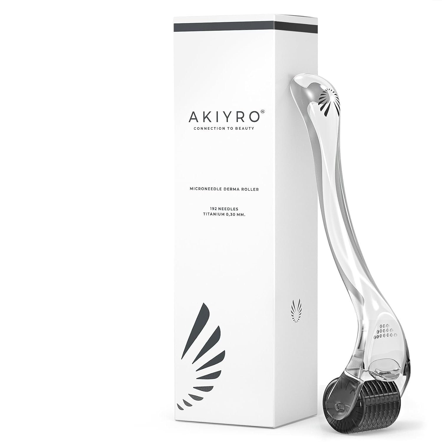 AKIYRO Derma Roller 0.30mm – Microneedle Roller with Storage Case – 192 Micro Needling Dermal Tool for Face, Beard, Scalp & Body – At Home Microneedling Skin Care for Women & Men (Black)