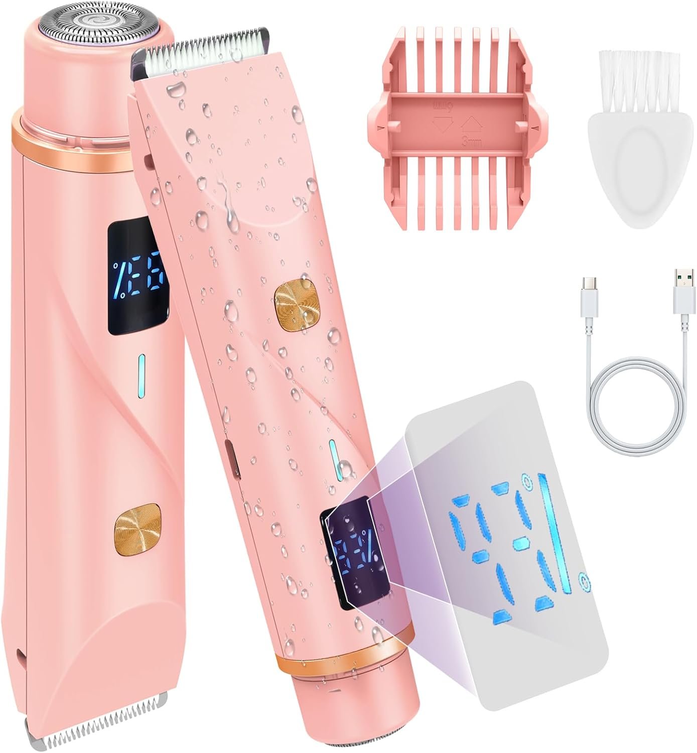 Electric Razors Bikini Trimmer for Women,Dual Head Electric Shaver with Ceramic Blade,IPX7 Waterproof & Painless Foil Shaver Razors with USB Charging Led Display,for Armpit Leg Body Facial,Pink