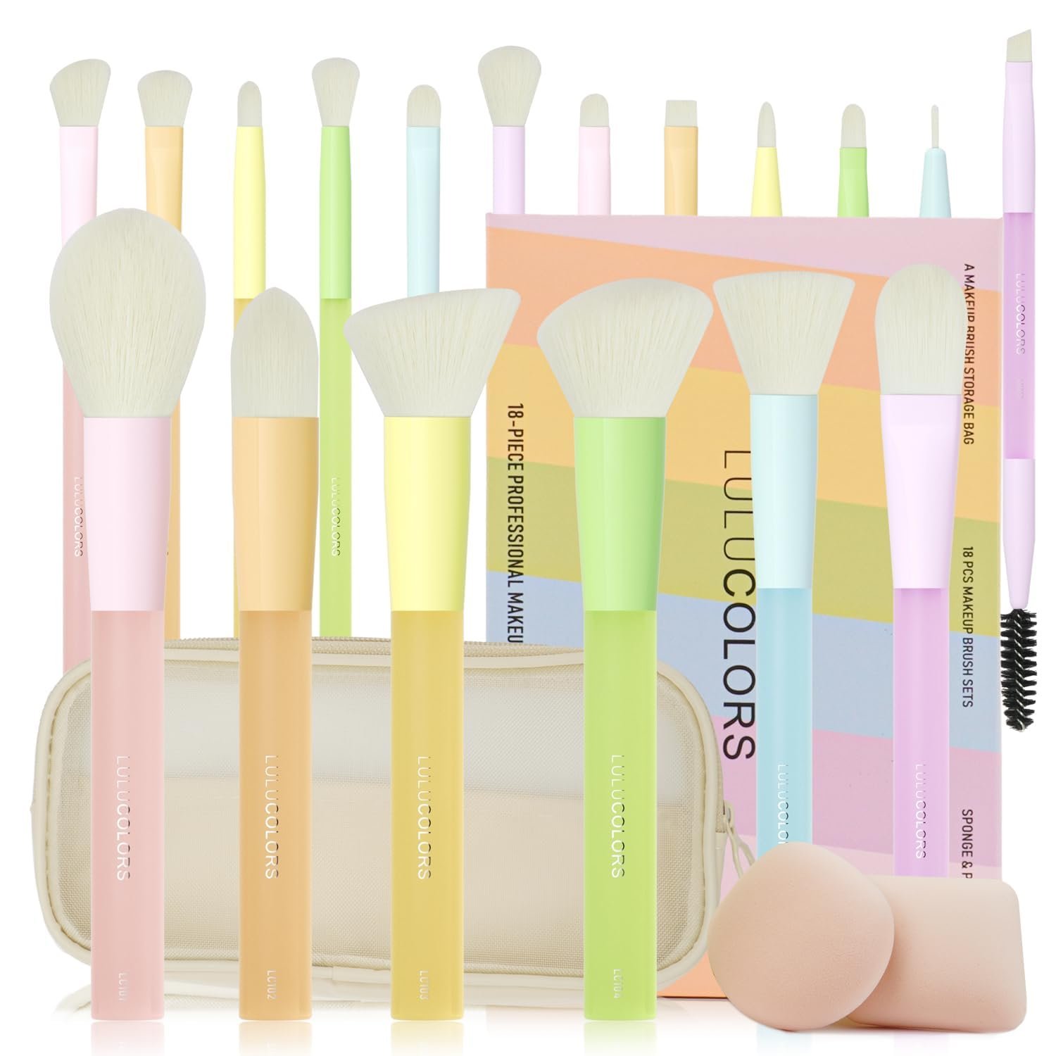 LULUCOLORS 18-Pcs Makeup Brush Set for Beginners – Travel-Friendly with Soft Arthritis-Friendly Handles & Non-Shedding Bristles | Includes Storage Bag, Eyeshadow Brushes & Sponges (Multi-Color)