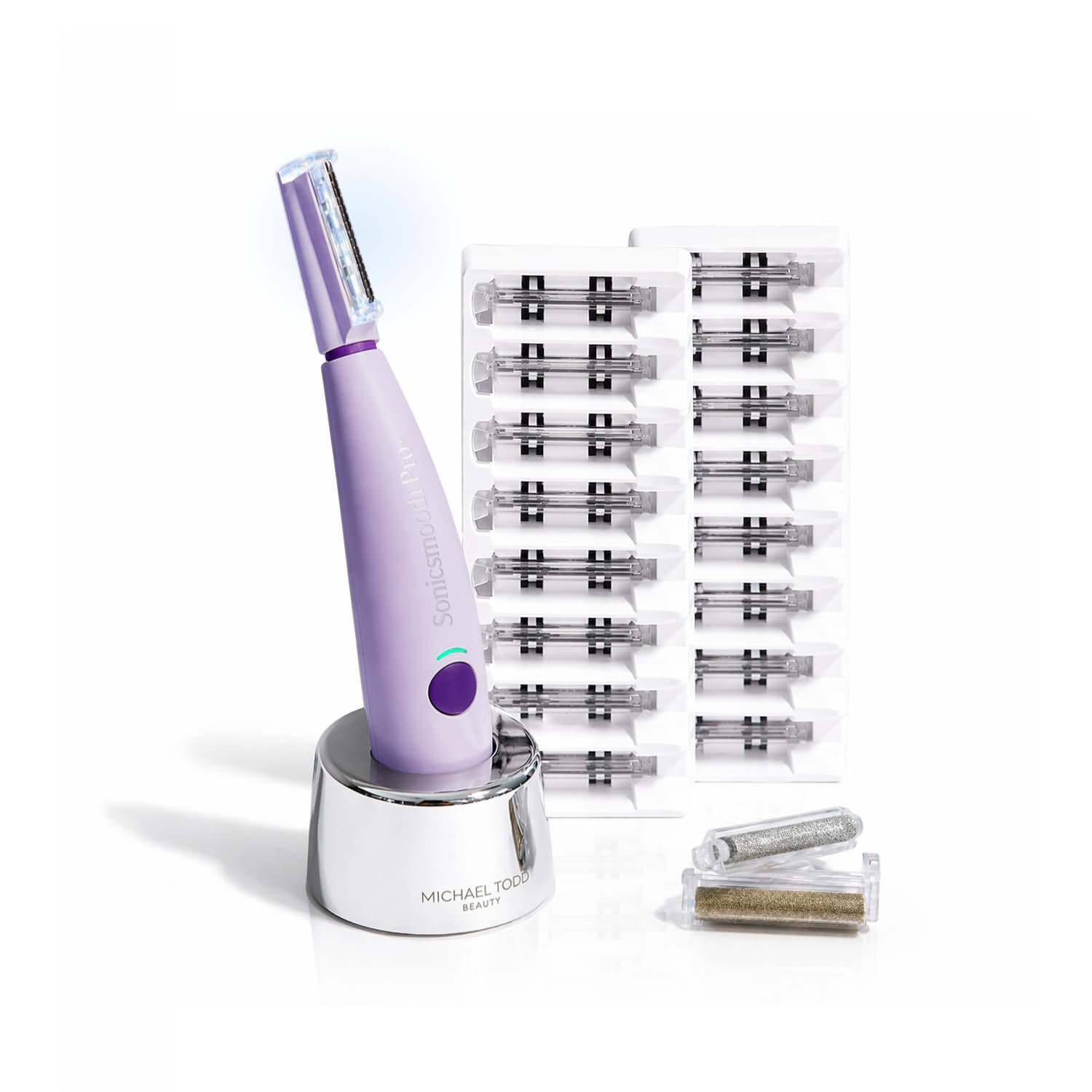 Michael Todd Beauty Sonicsmooth Pro+ Dermaplane Razor for Women Face + Eyebrow Trimmer Dermaplaning System w/LED Light Peach Fuzz Remover -16 Dermaplaning Blades & 2 Microsmooth Exfoliation Tips
