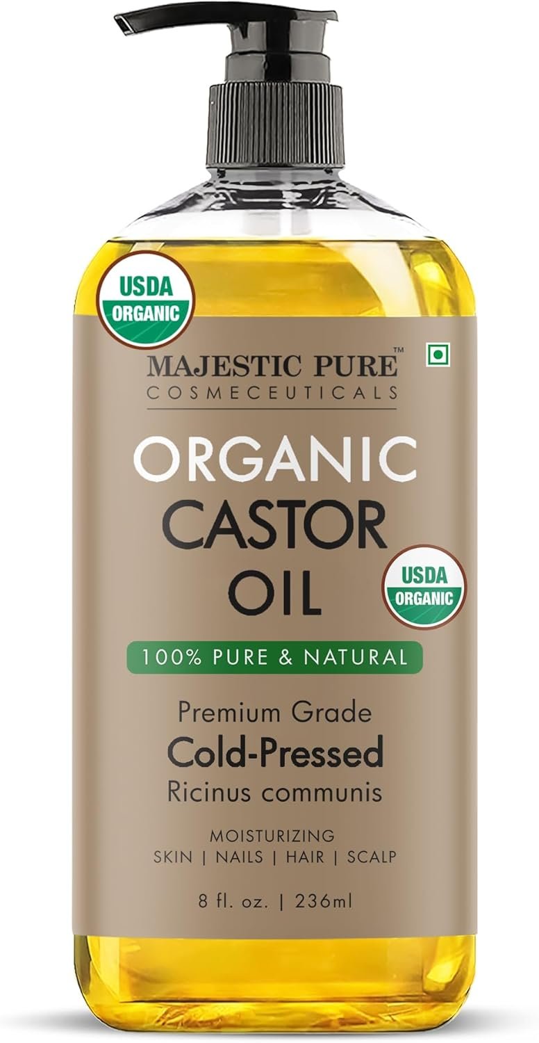 Majestic Pure Oil – 100% Pure and Natural- Cold Pressed & Hexane Free Natural Hair Growth Oil for Eyelashes, Eyebrows, Skin, Body, Face, Nails & Scalp – USDA Organic Castor Oil 8 Fl Oz