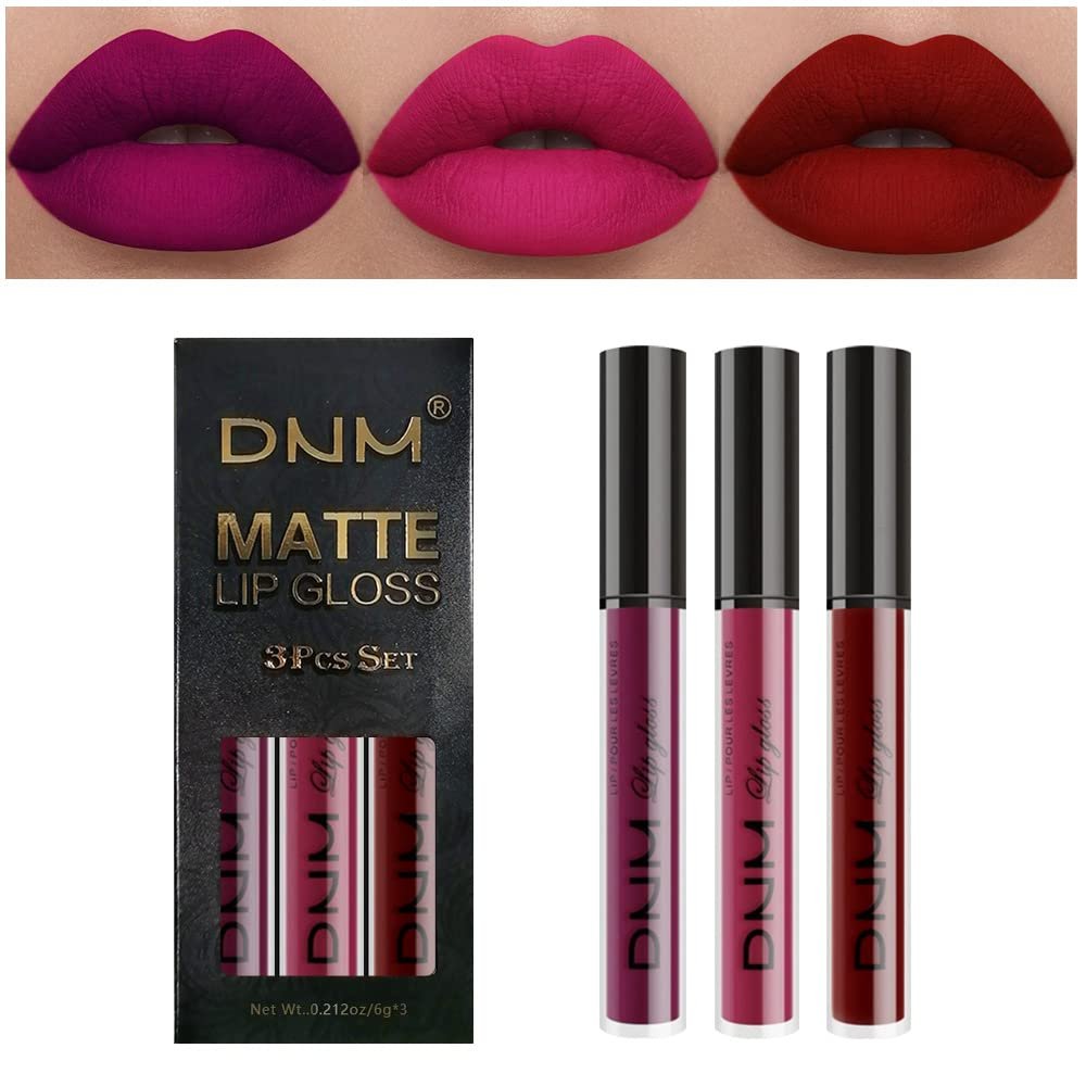 AMY’S DIARY 3Pcs Dark Red Purple Matte Liquid Lipstick Sets, Matte Lipstick Lip Stain Long Lasting 24 Waterproof Lip Gloss Gift Set Matt Lipsticks Set for Women Lippies (Set01)