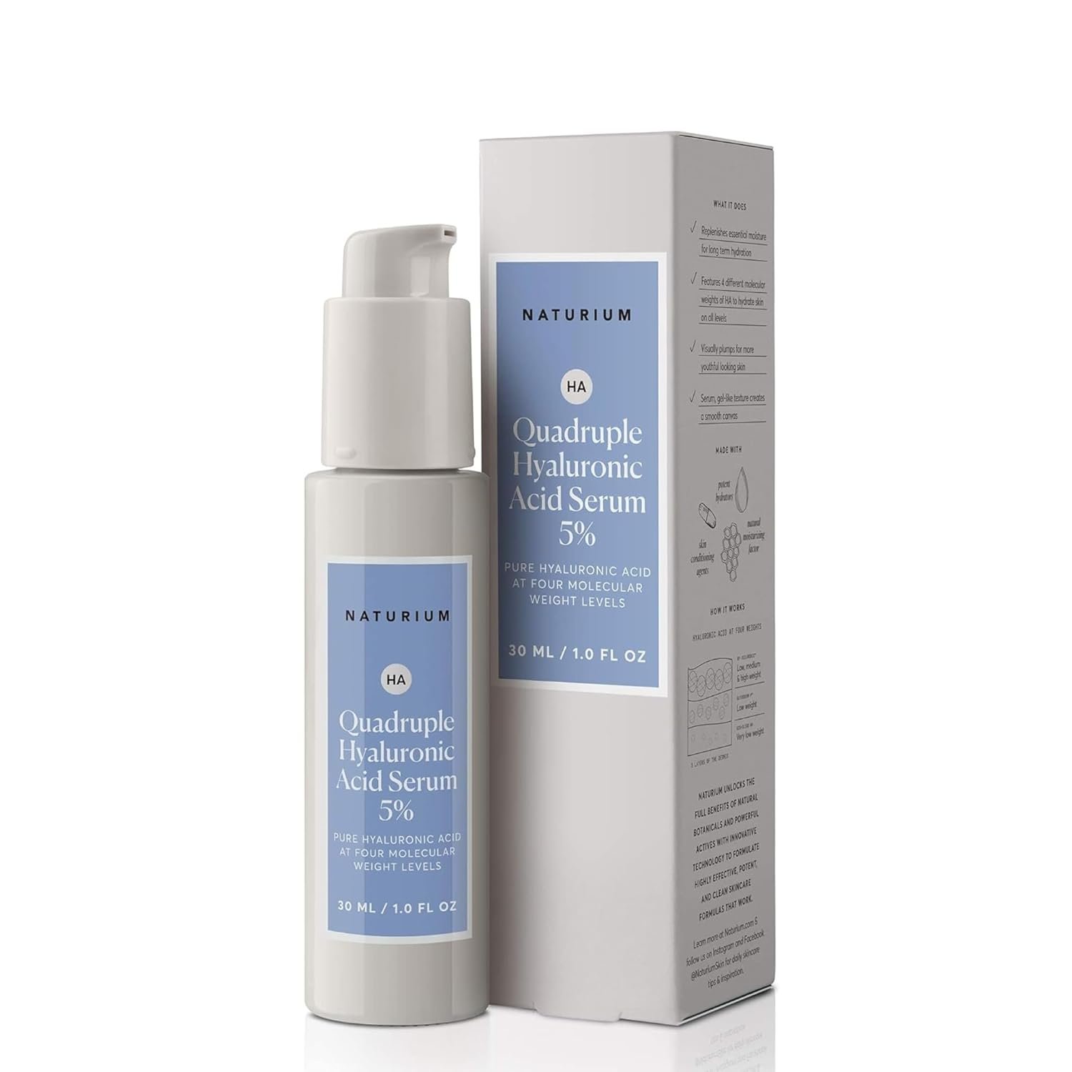 Naturium Quadruple Hyaluronic Acid Serum 5%, Hydrating & Plumping Face Serum, Anti-Aging & Moisturizing Skin Care, Fragrance-Free, 1 oz
