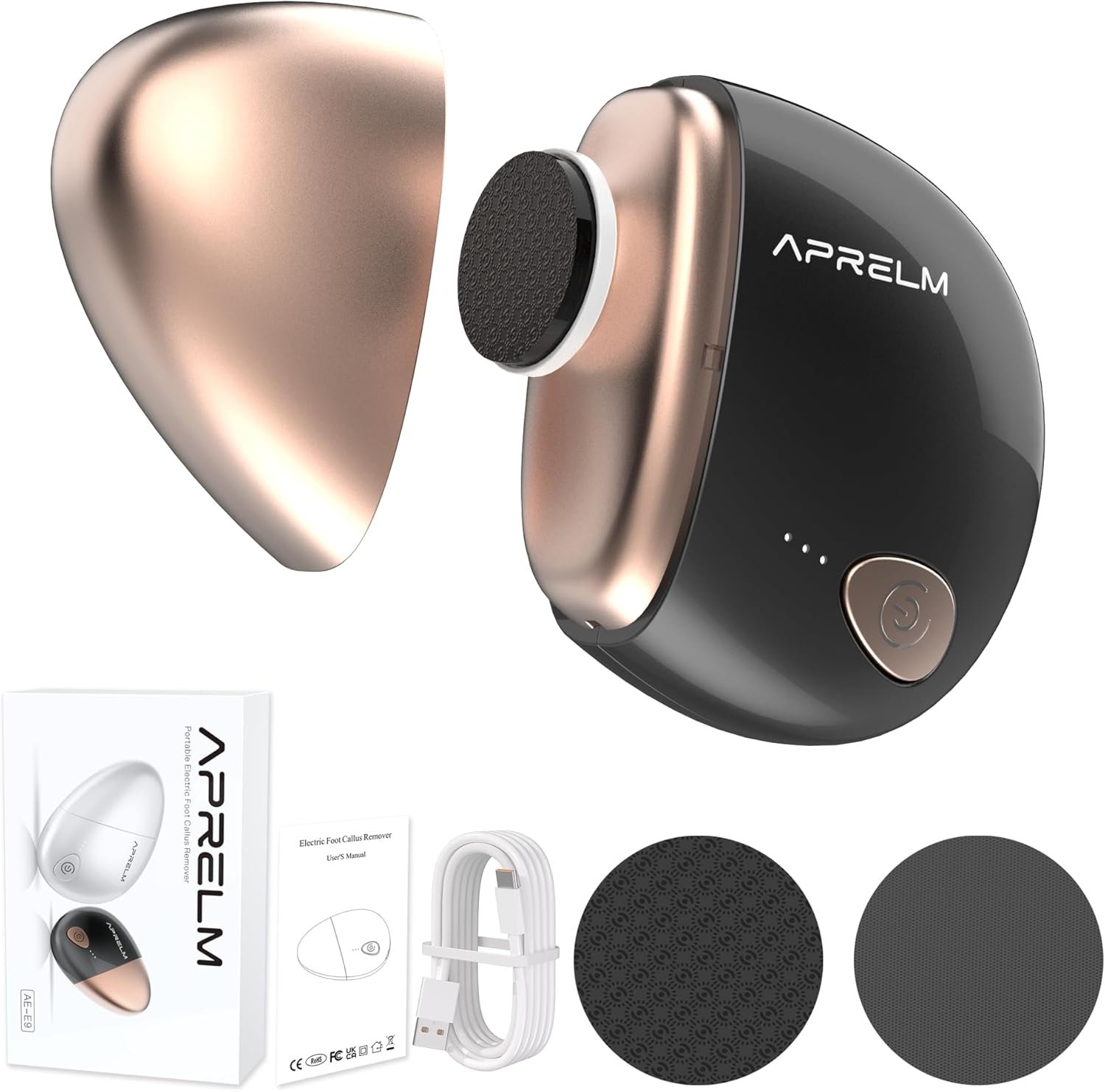 AprElm Portable Electric Hand & Foot Callus Remover with 2 Glass Grinding Heads, Rechargeable 800RPM Mini Electric Hand & Foot File for Travel Outdoors Climbers Gym Athletes (E9 Black Gold)