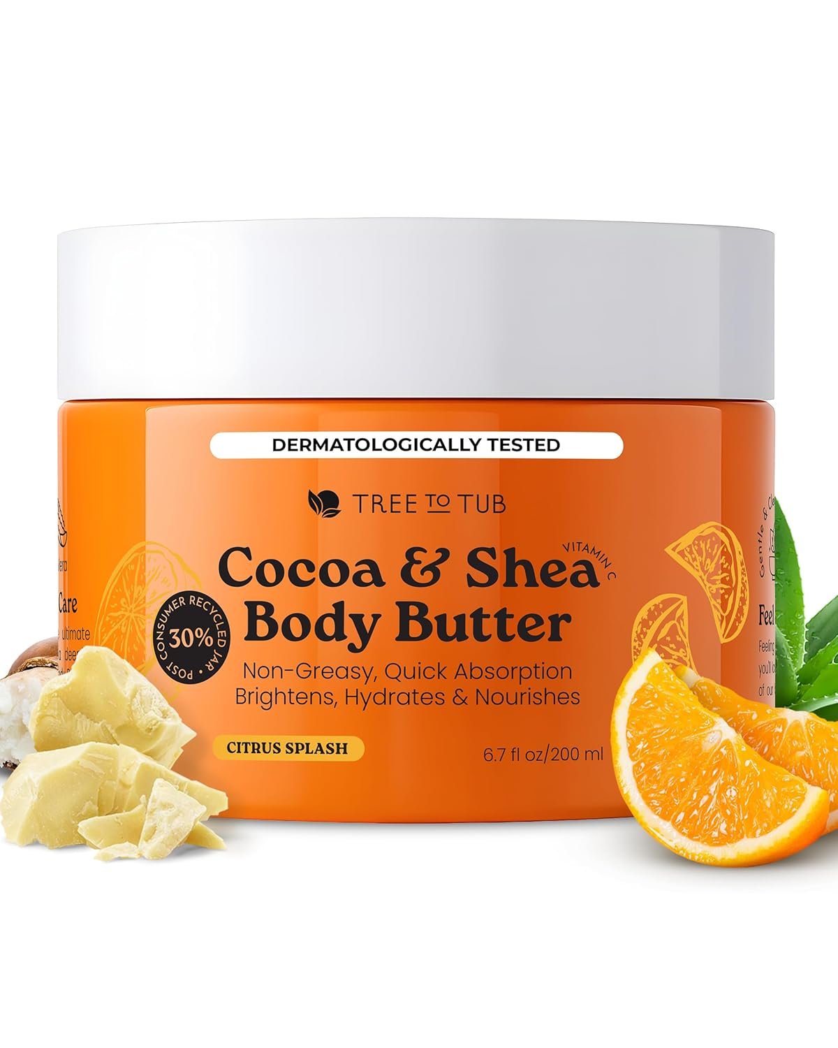 Tree To Tub Shea Body Butter for Dry, Extremely Dry, Sensitive Skin – Moisturizing Body Cream for Women & Men, Hydrating Body Lotion Moisturizer w/Vitamin C, Organic Cocoa, Citrus Scent